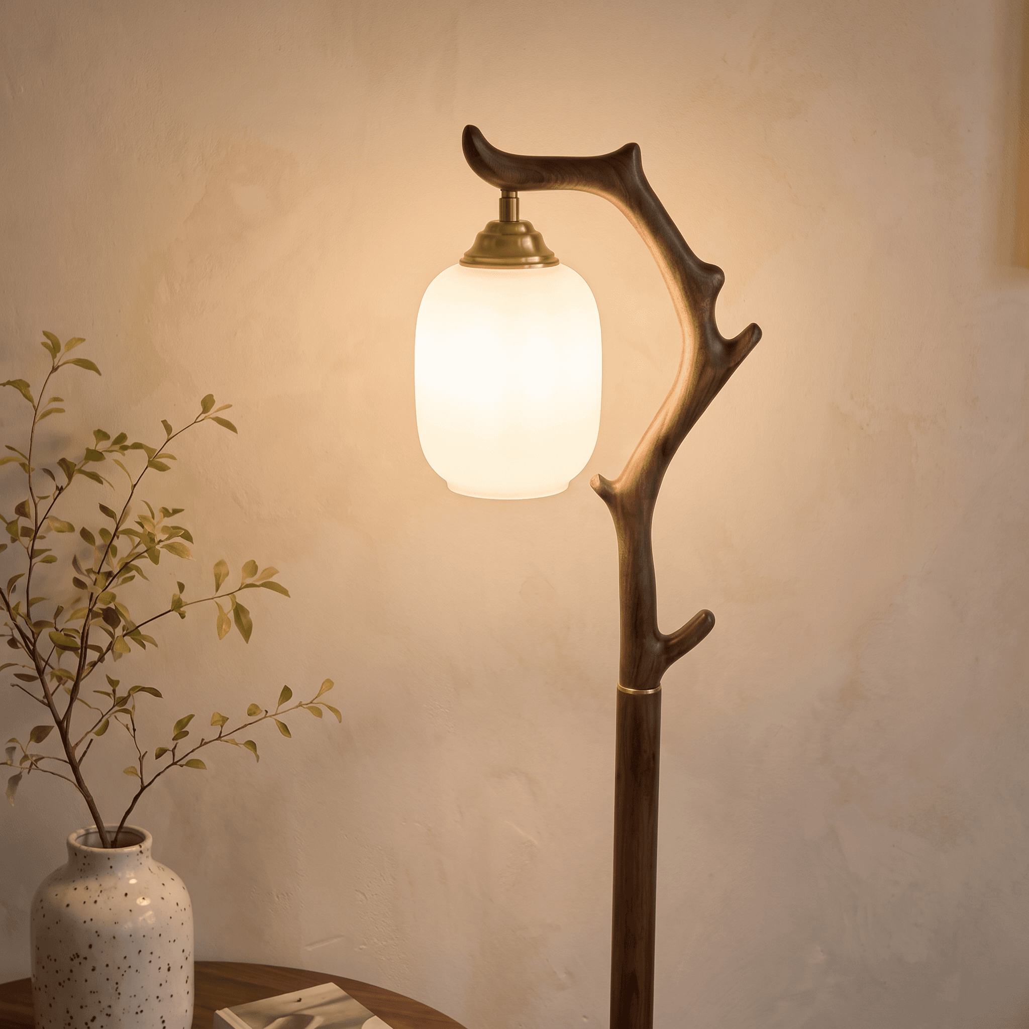 Full Studio Portrait Showing Slender Walnut Stem and Glass Globe Suspension