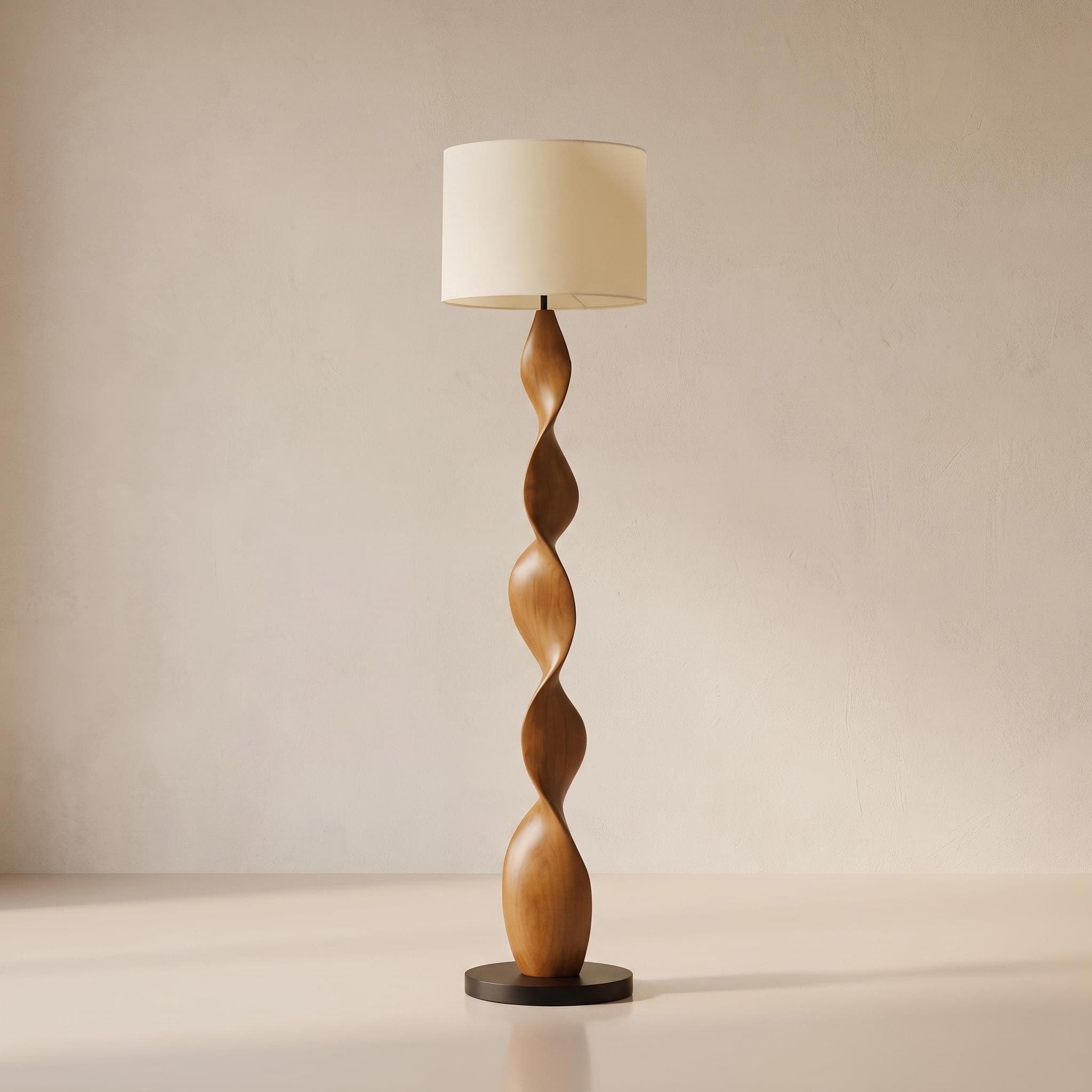 The Double Helix Carved Walnut Floor Lamp in Modern Living Room Setting