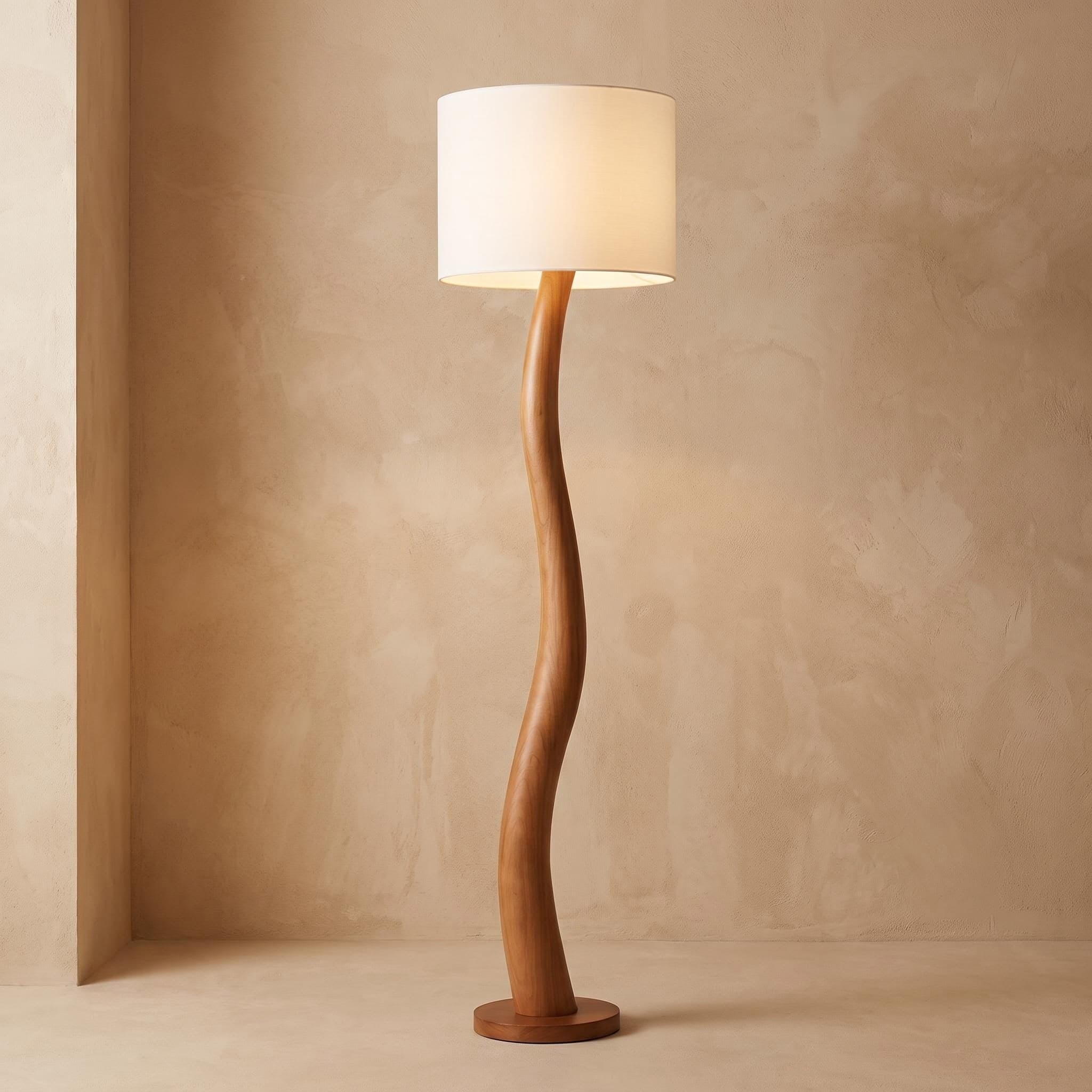 The Organic Curve Solid Wood Floor Lamp Studio Portrait with Drum Shade