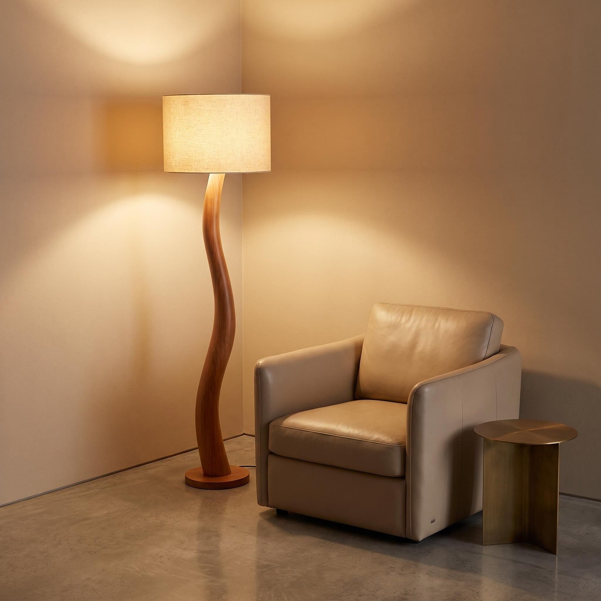 Corner Living Room Display beside Armchair Casting Dual Upward and Downward Light Fans
