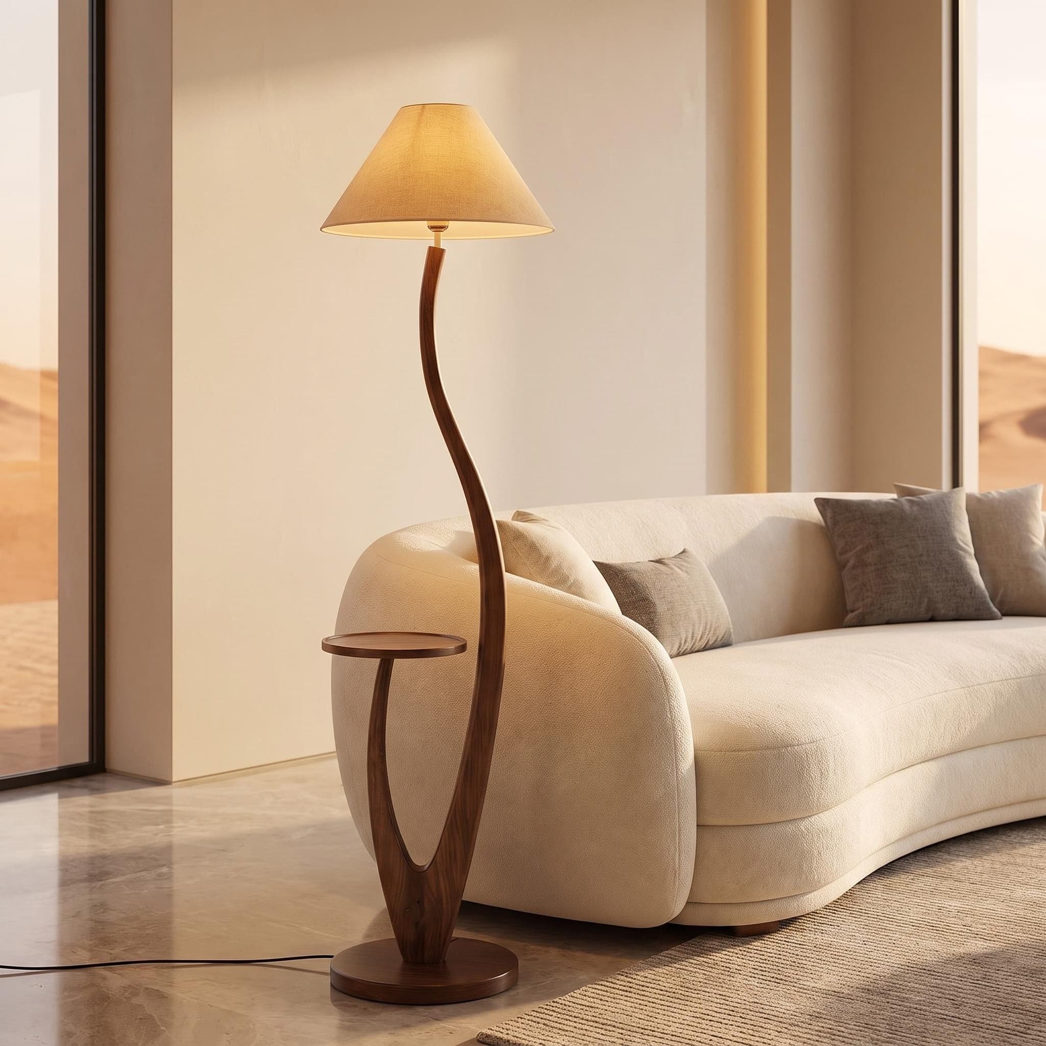 The S-Stem Walnut Floor Lamp with Integrated Side Table beside Modern Armchair