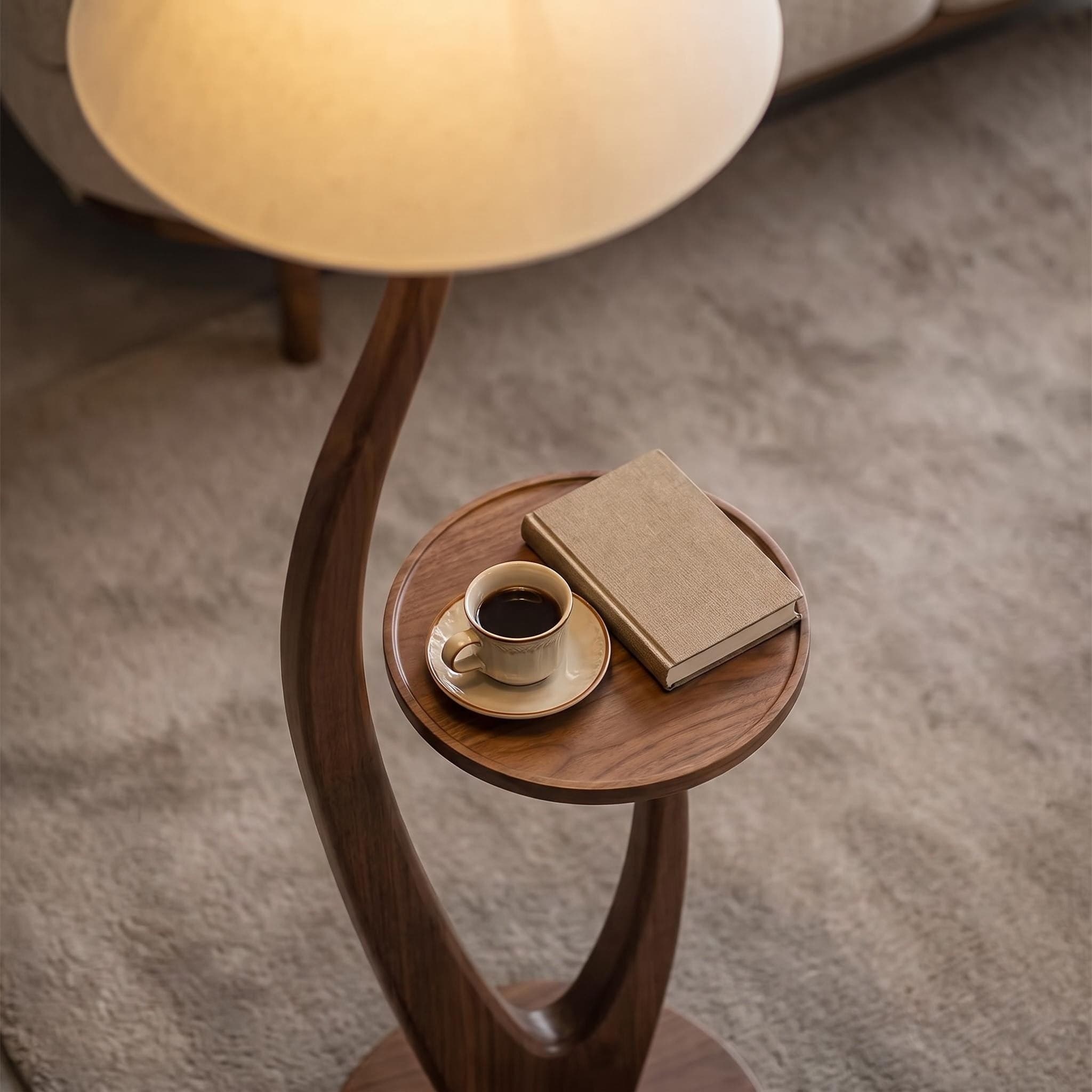 Close-Up of Solid Walnut Side Table Surface with Tea Cup and Book