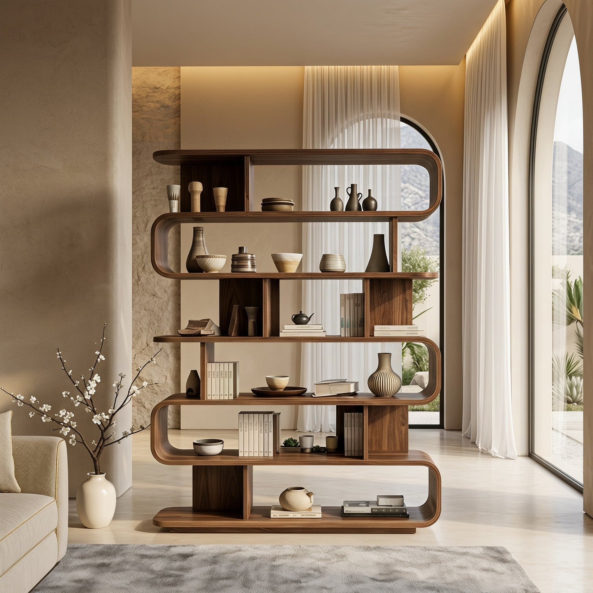The Serpentine Open Bookcase in Luxury Living Room beside Arched Window on Marble Floor