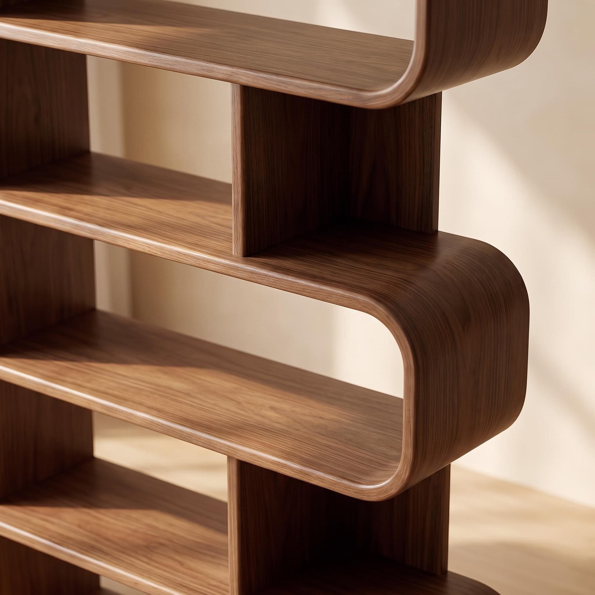 Close-Up of Seamless U-Turn Radius Bend Showing Continuous Flowing Walnut Grain