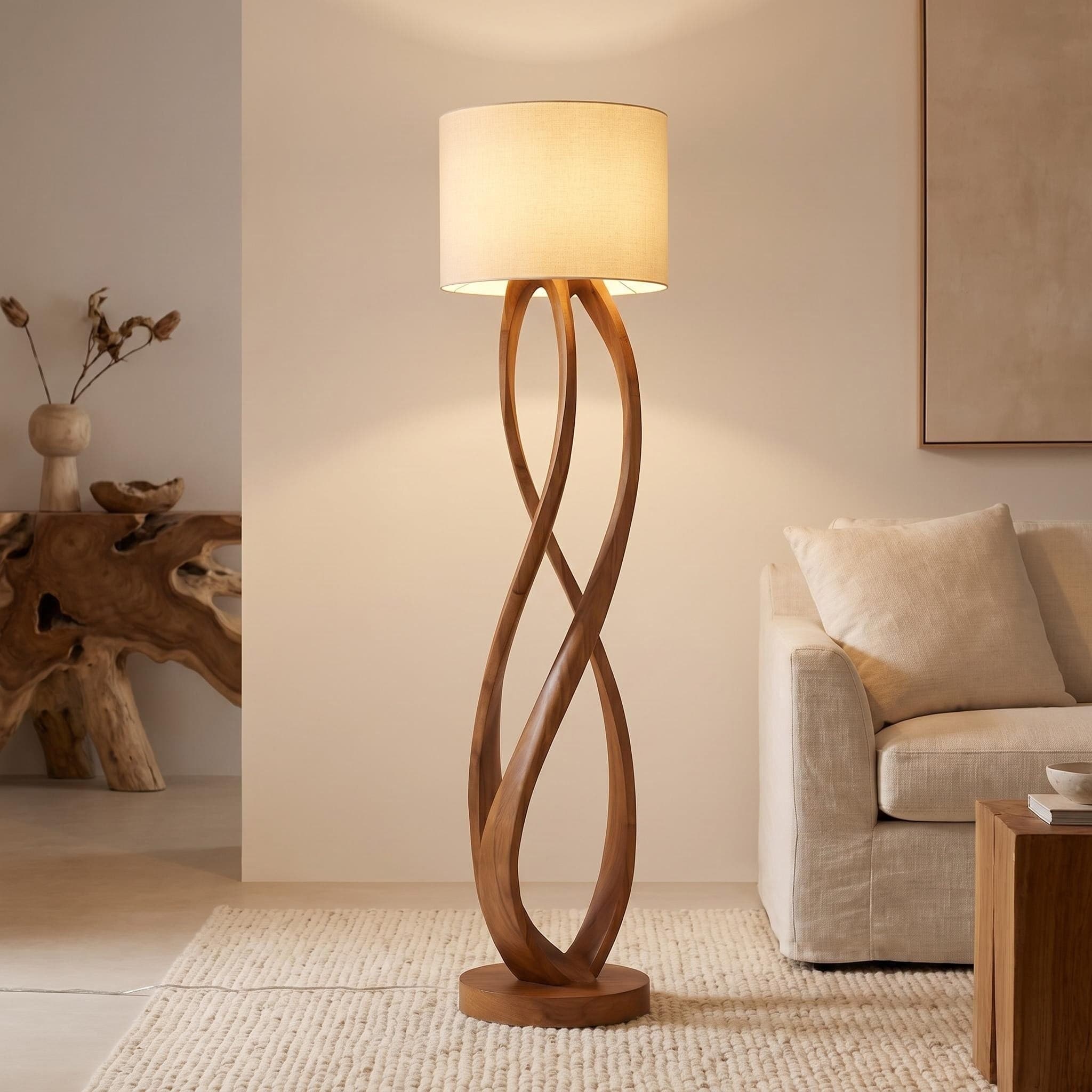 The Twisted Braid Walnut Floor Lamp in Contemporary Living Room on Jute Rug