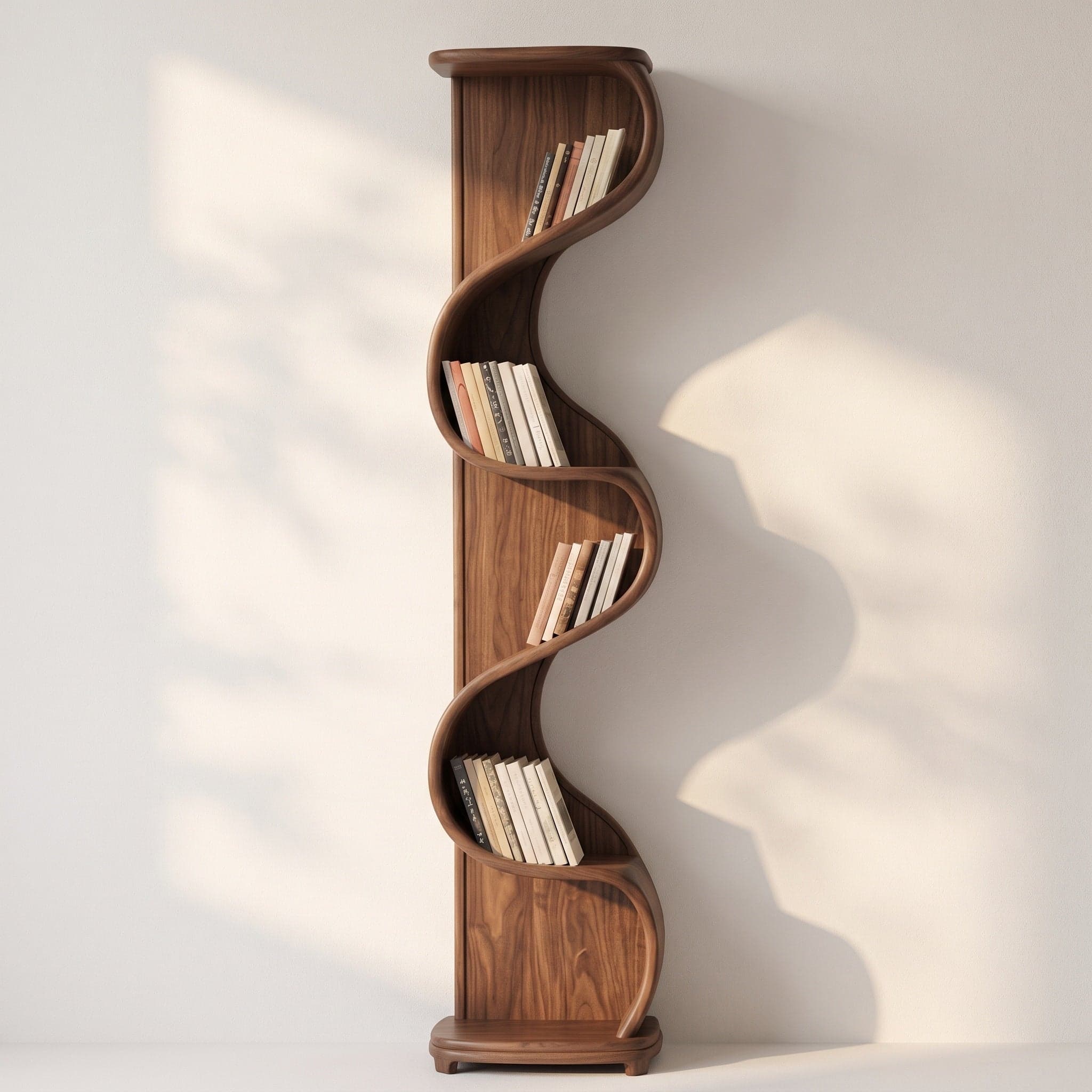 Wave Spine Tall Walnut Bookshelf Styled with Books and Ceramics in Living Room