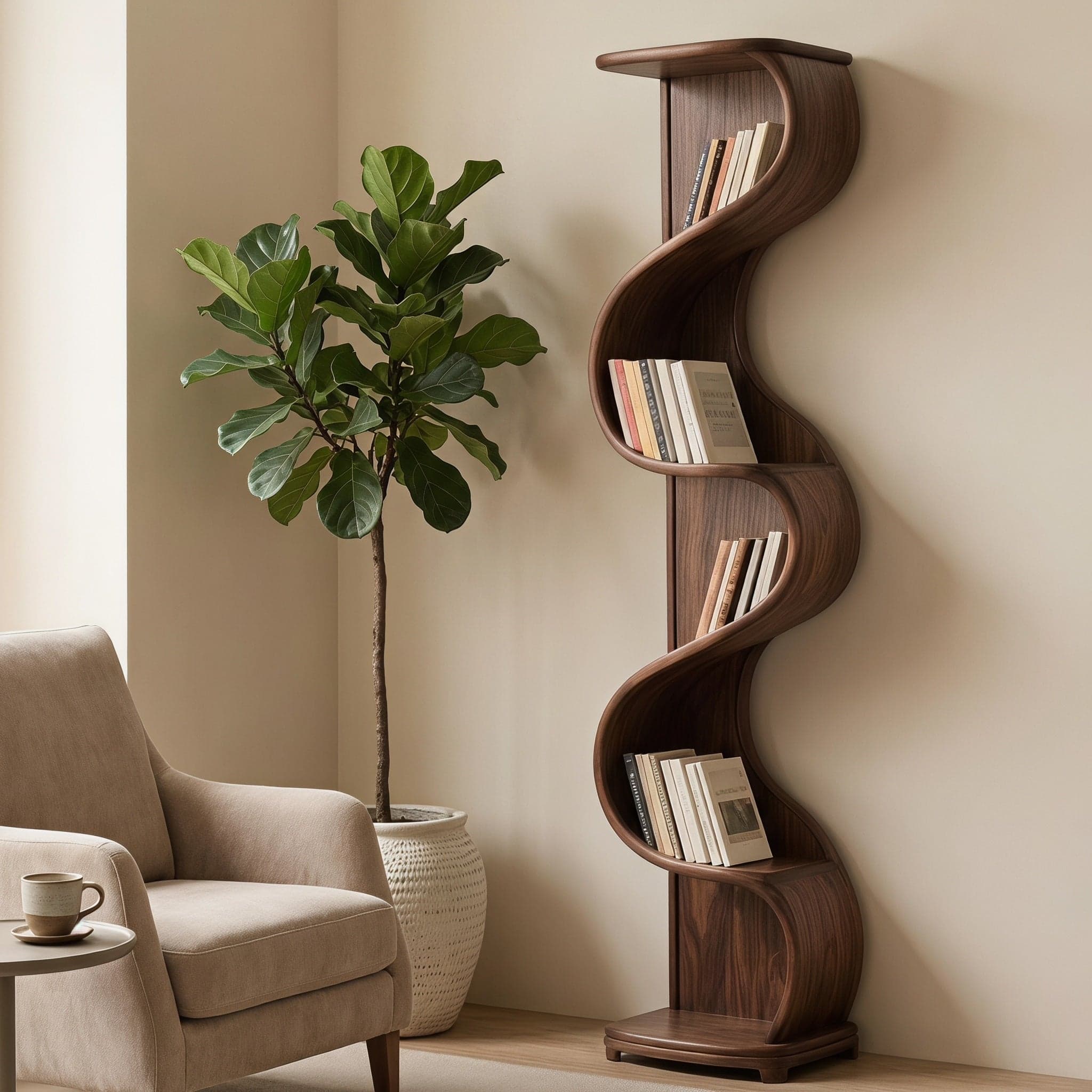 Close-Up of Continuous Flowing Solid Wood Wave Ribbons and Grain