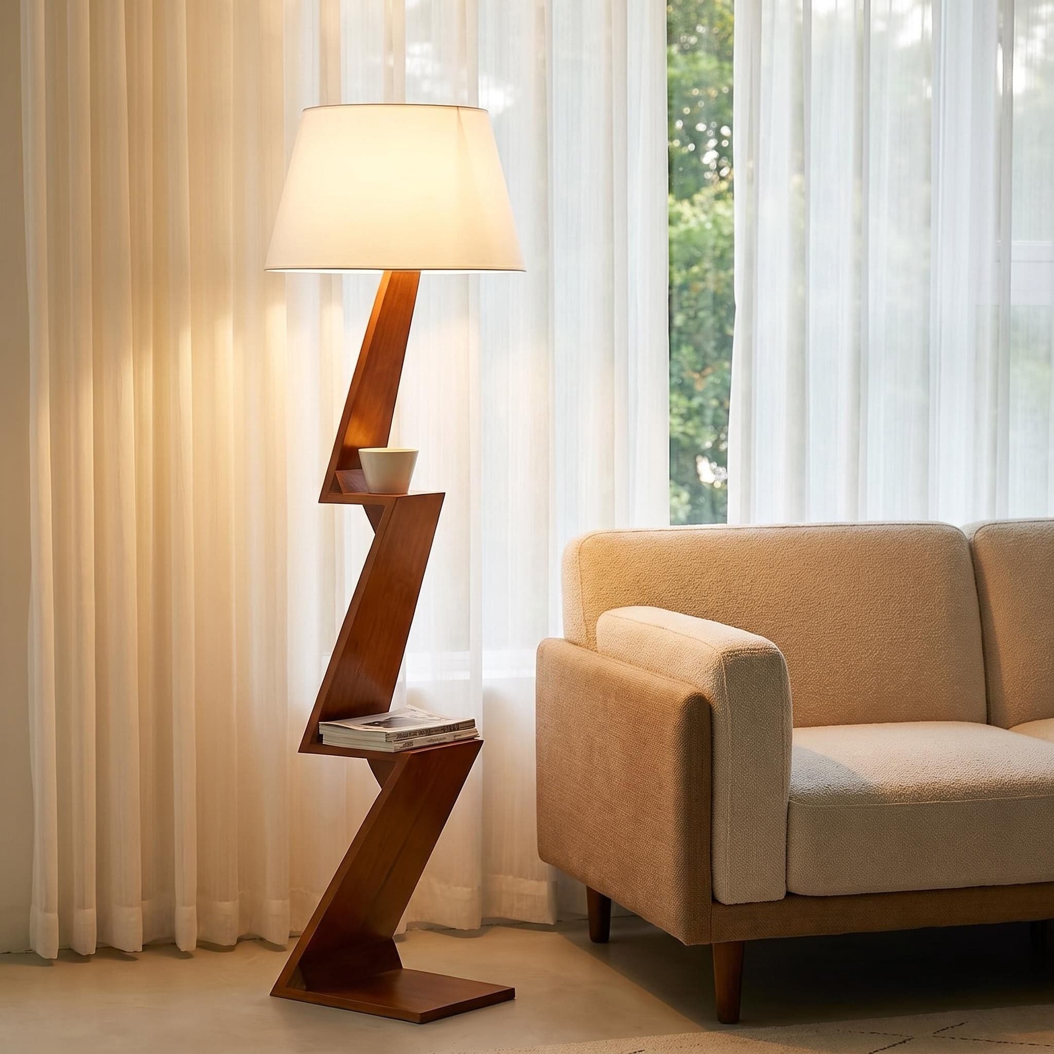 Living Room Setting beside Sofa Highlighting Z-Form Shelves and Warm Ambiance