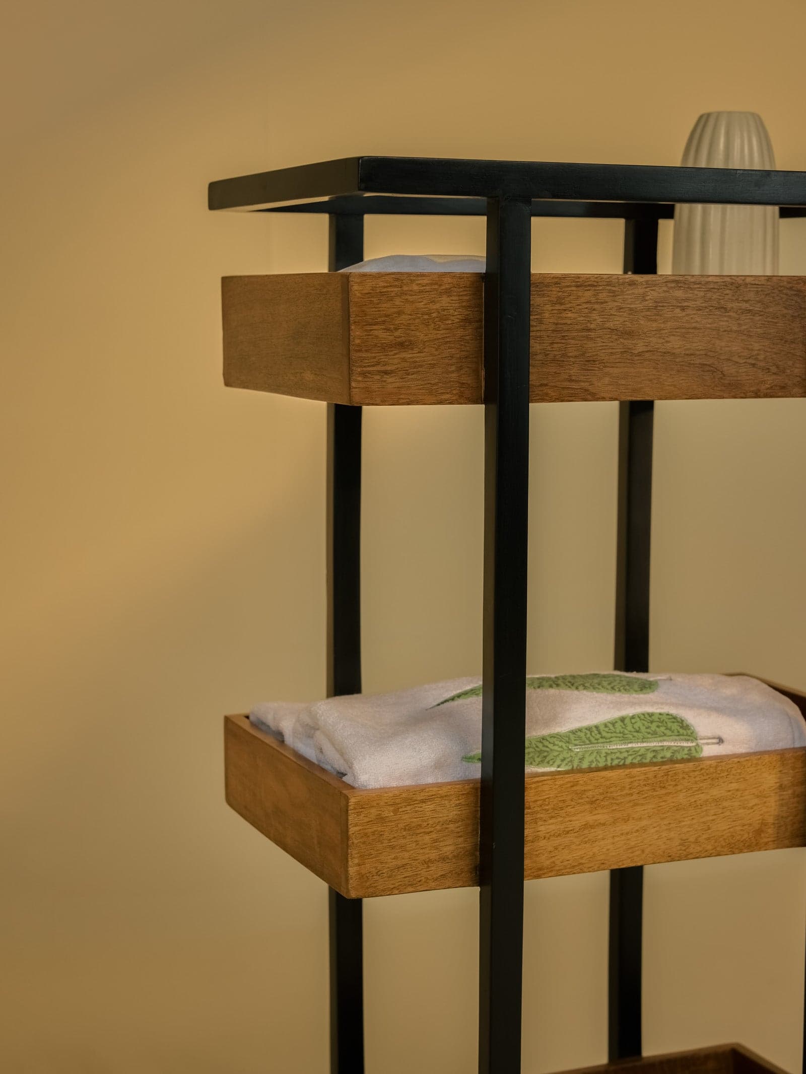 Eleanor Stand Angle View Highlighting Solid Wood Trays and Steel Frame