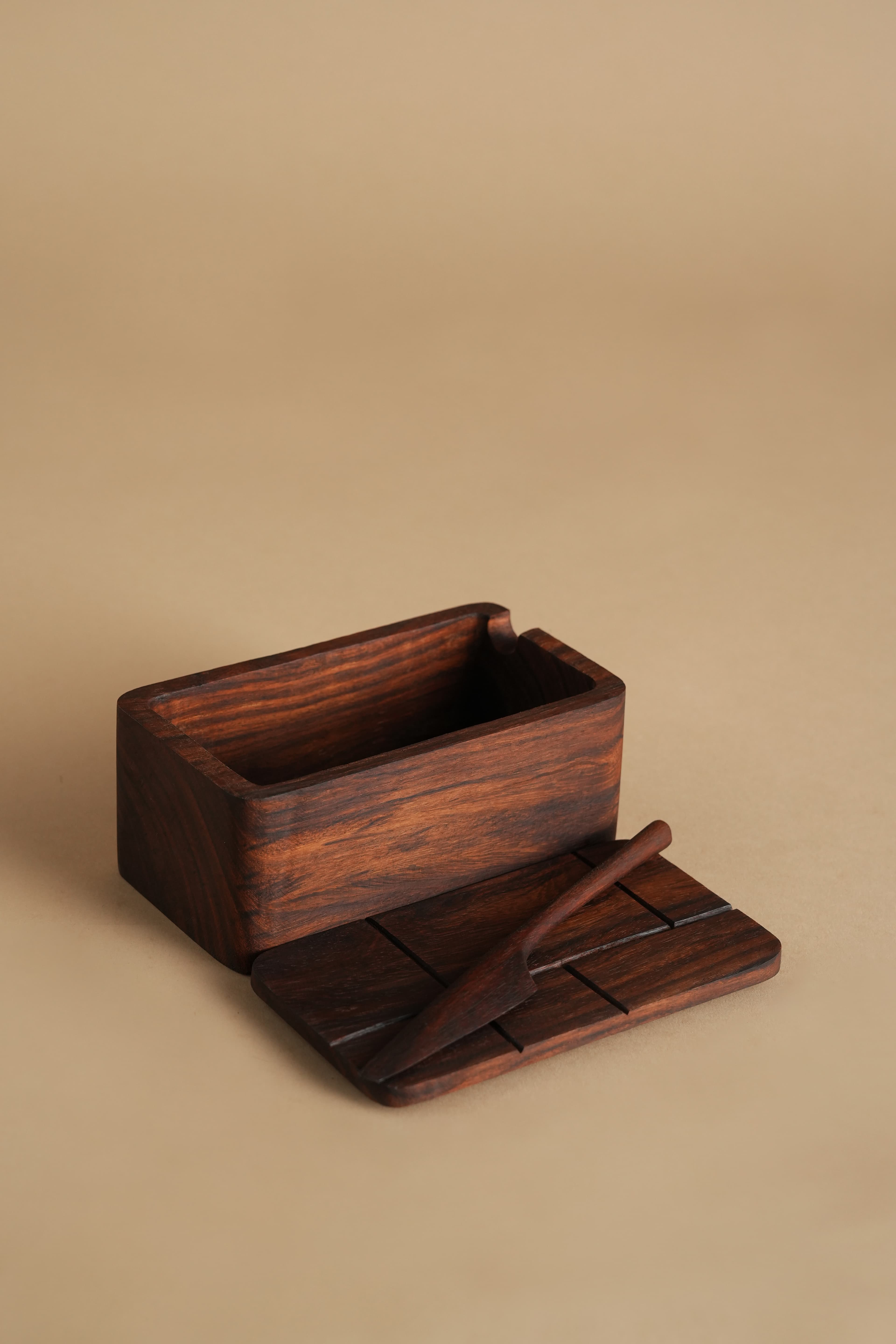 Eula Sculpted Sheesham Butter Dish with Wooden Spreader - Lifestyle Scene