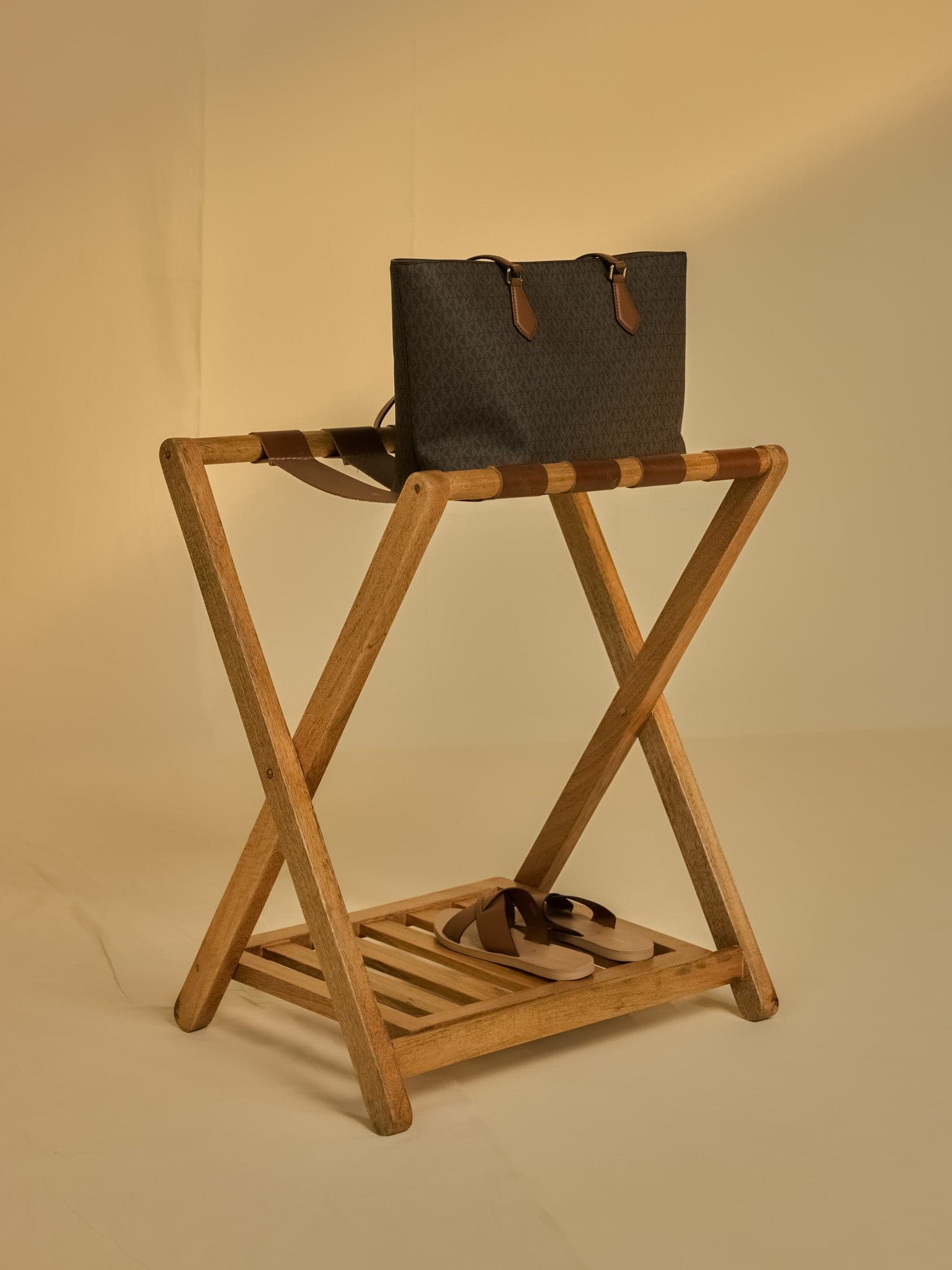 Bespoke Mango Wood Foldable Luggage Rack - Studio Front View