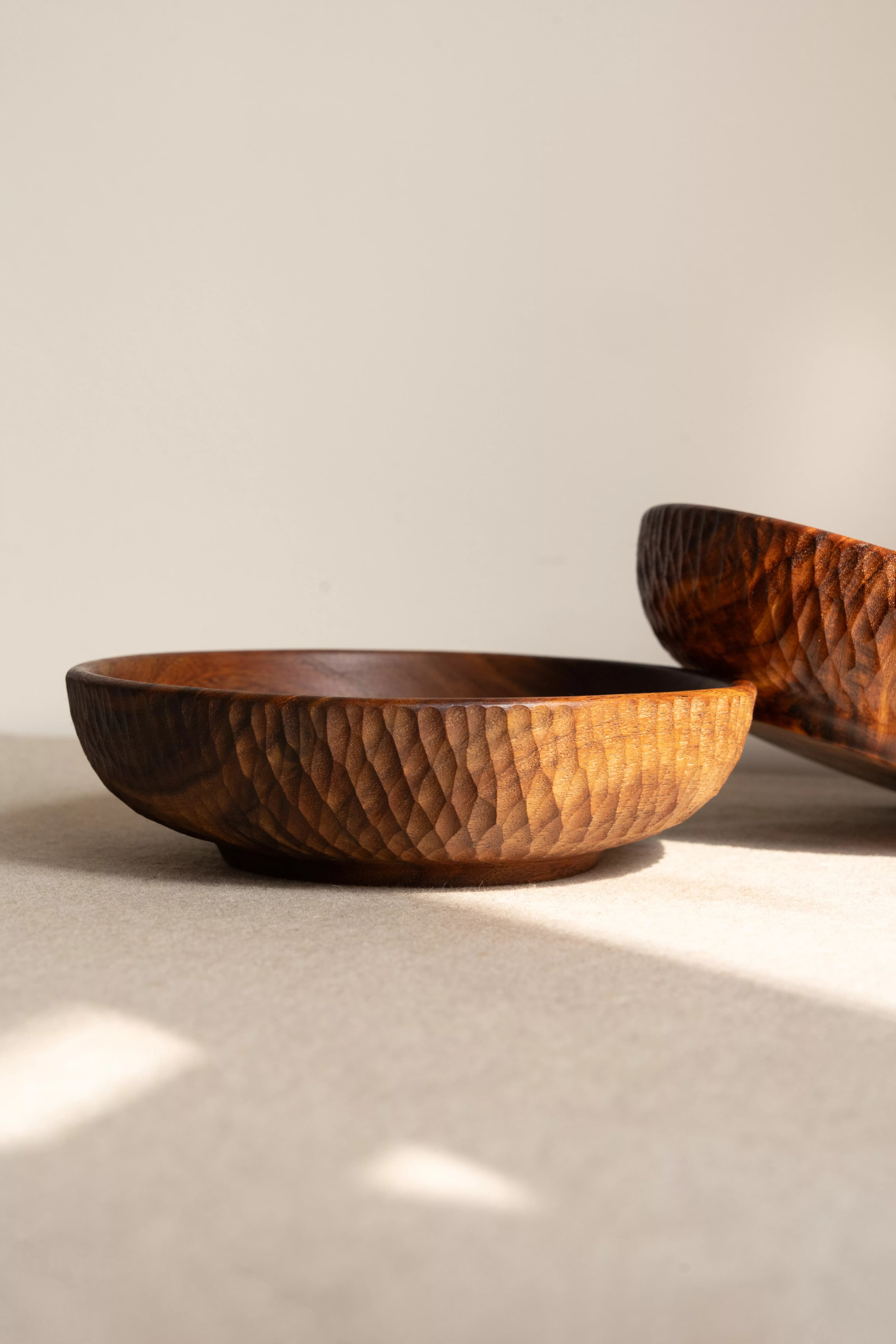 Fua Shallow Sculptural Sheesham Centerpiece Bowl - Pedestal & Angle
