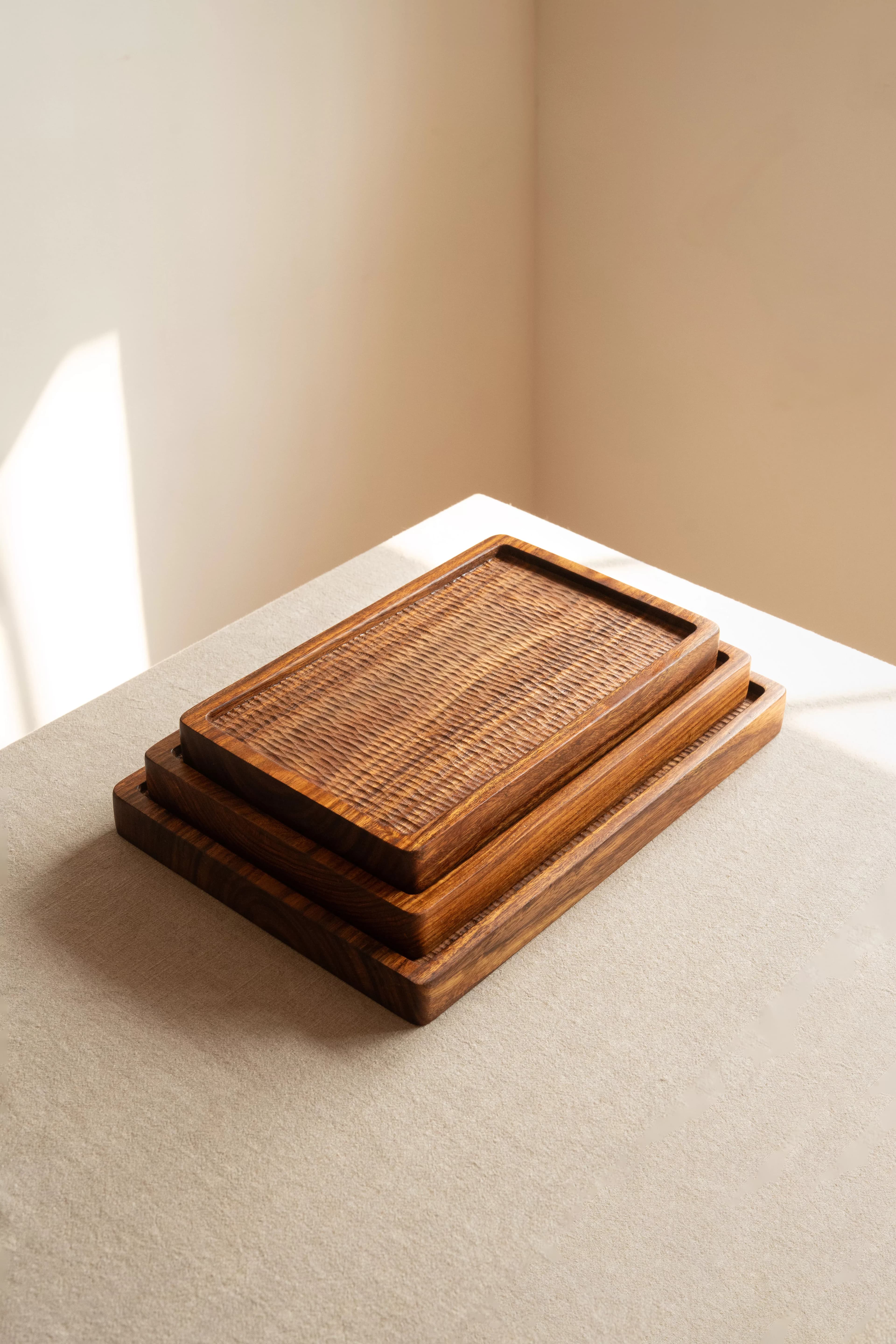 Hosna Hand-Carved Solid Sheesham Serving Platter - Pedestal & Angle