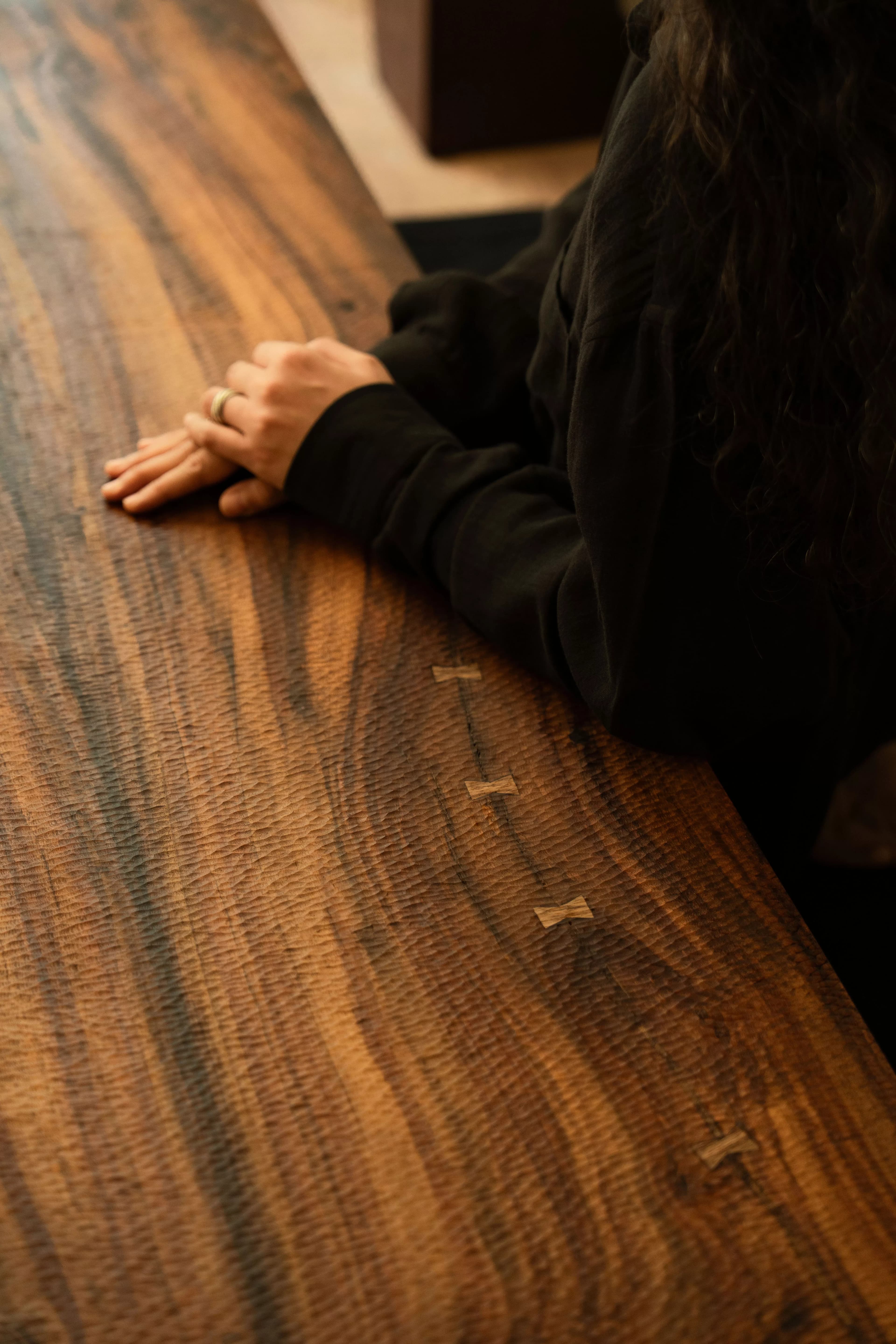 Minimalist Low-Sitting Solid Wood Coffee Table - Pedestal & Angle
