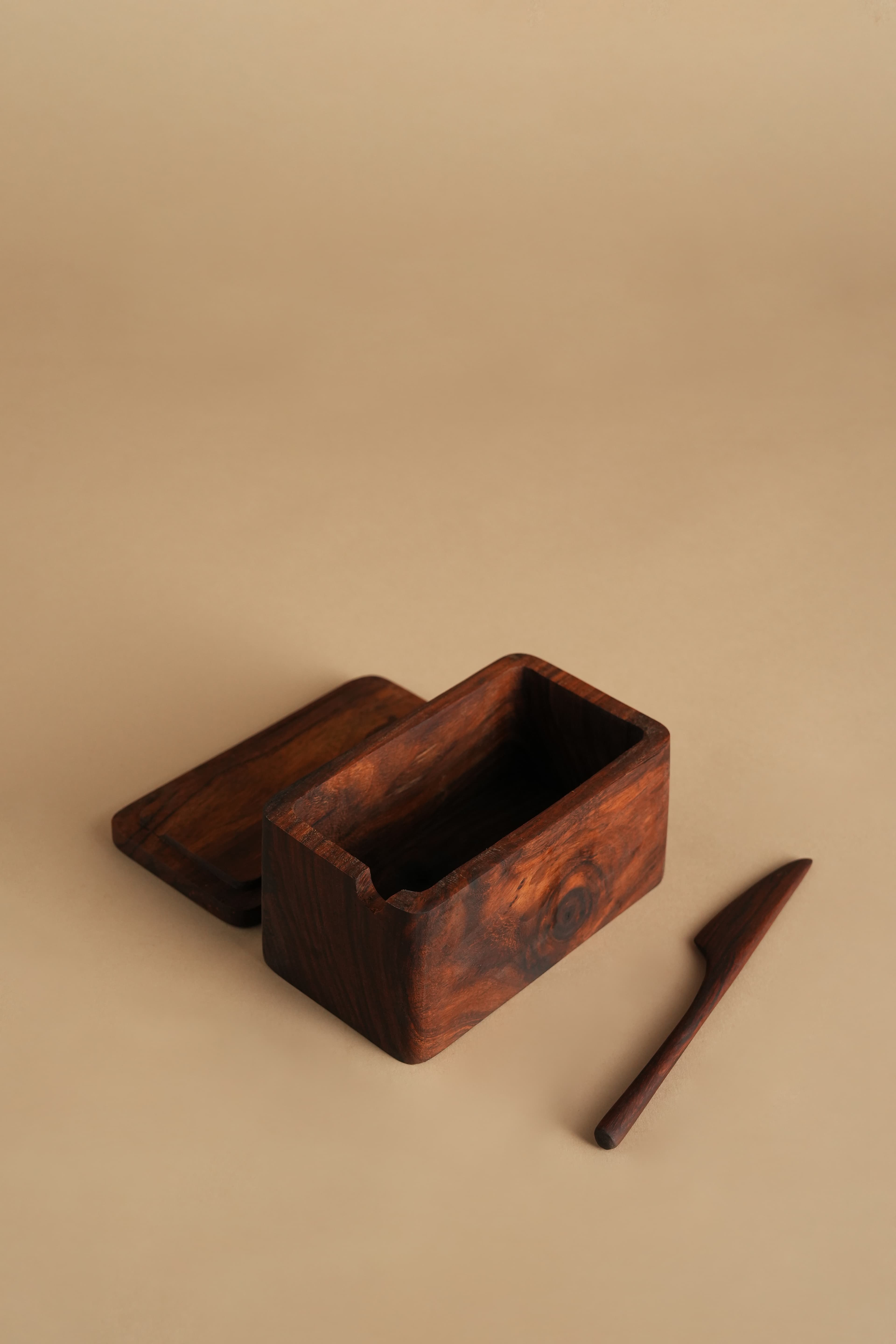 Ripples Hand-Carved Butter Dish with Integrated Wood Spreader - Pedestal & Angle