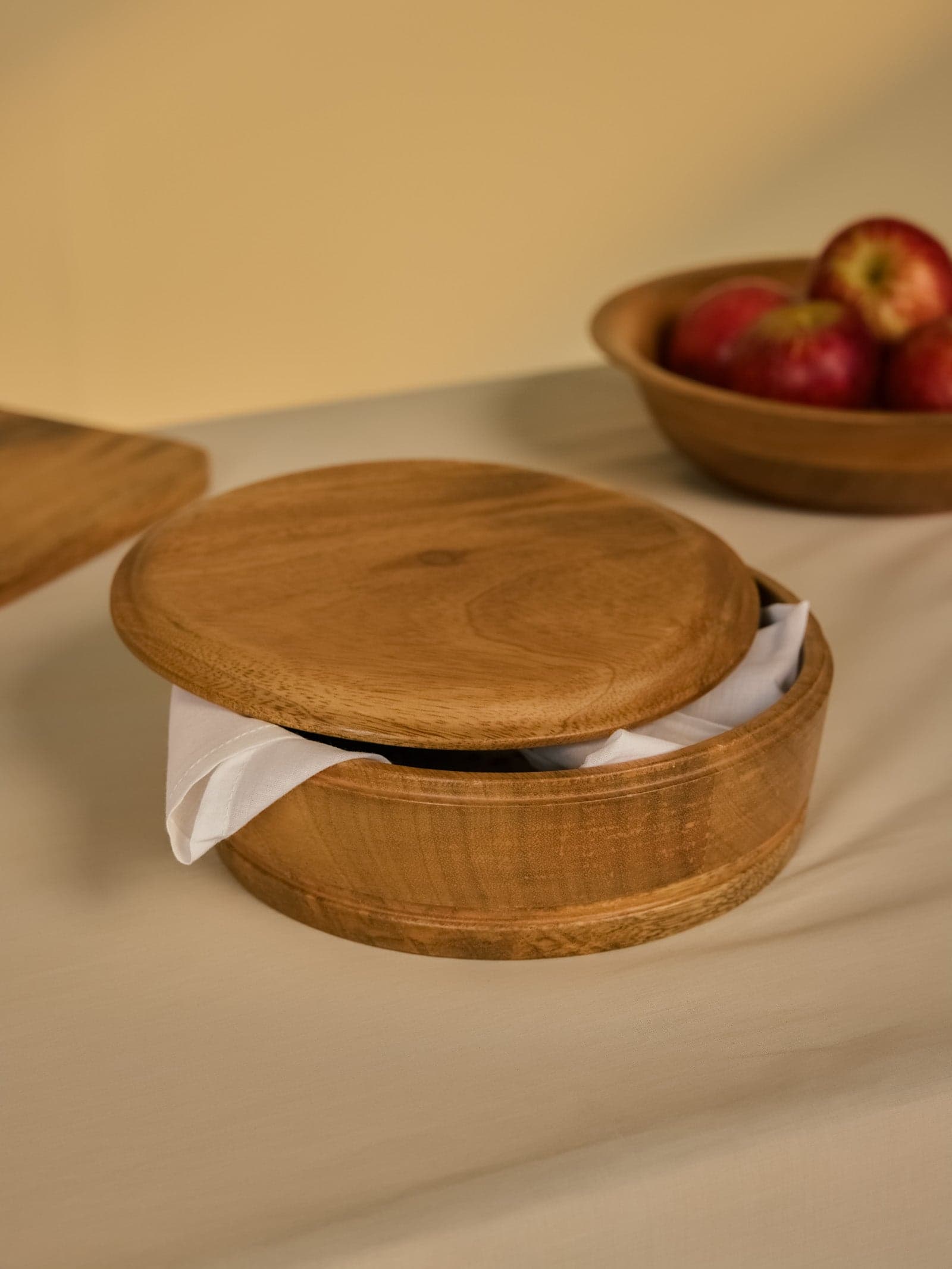 Wooden Roti Box with Lid Resting Open Beside Container