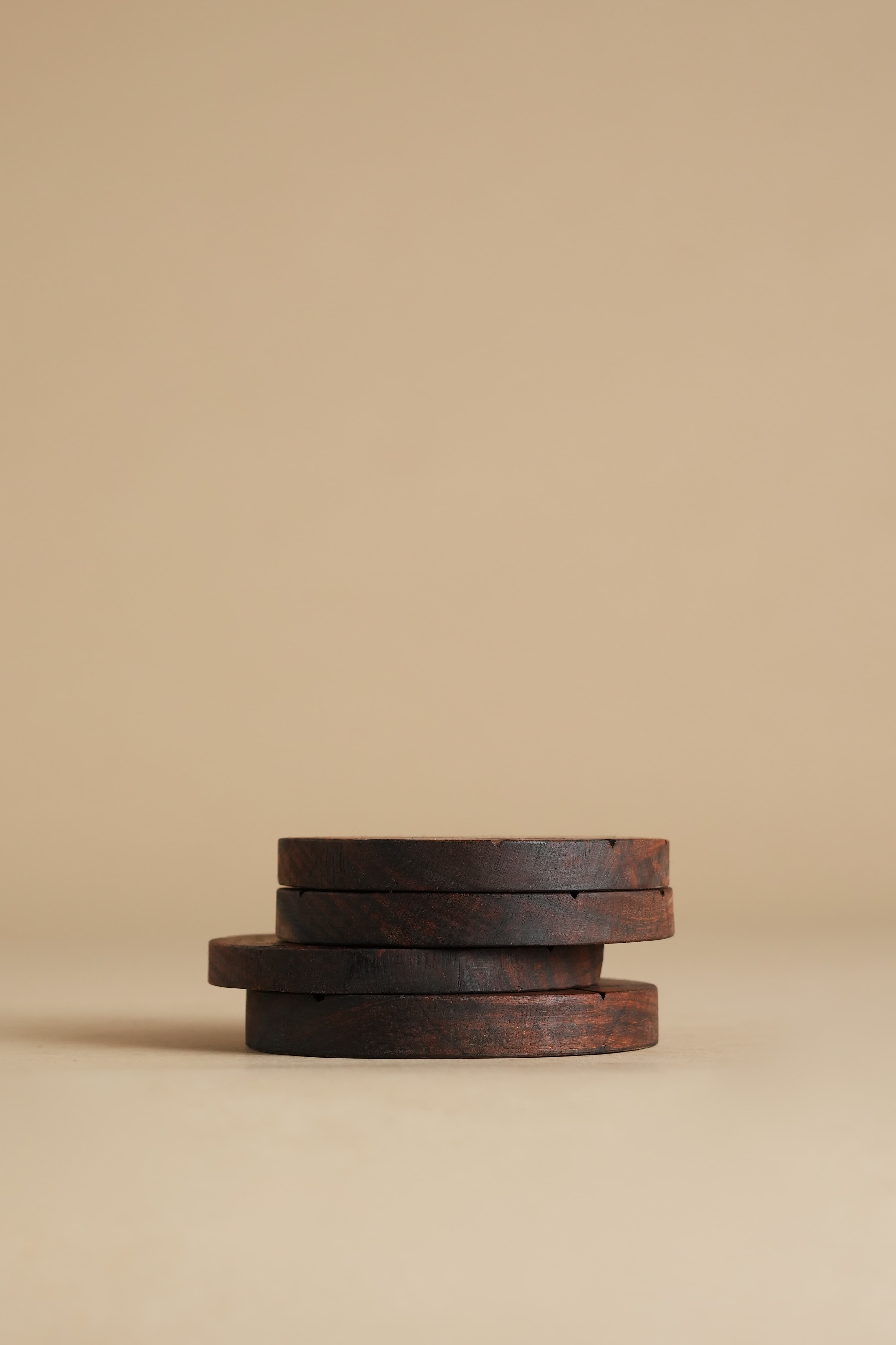 Hand-Carved Round Sheesham Table Coasters (Set of 4) - Pedestal & Angle