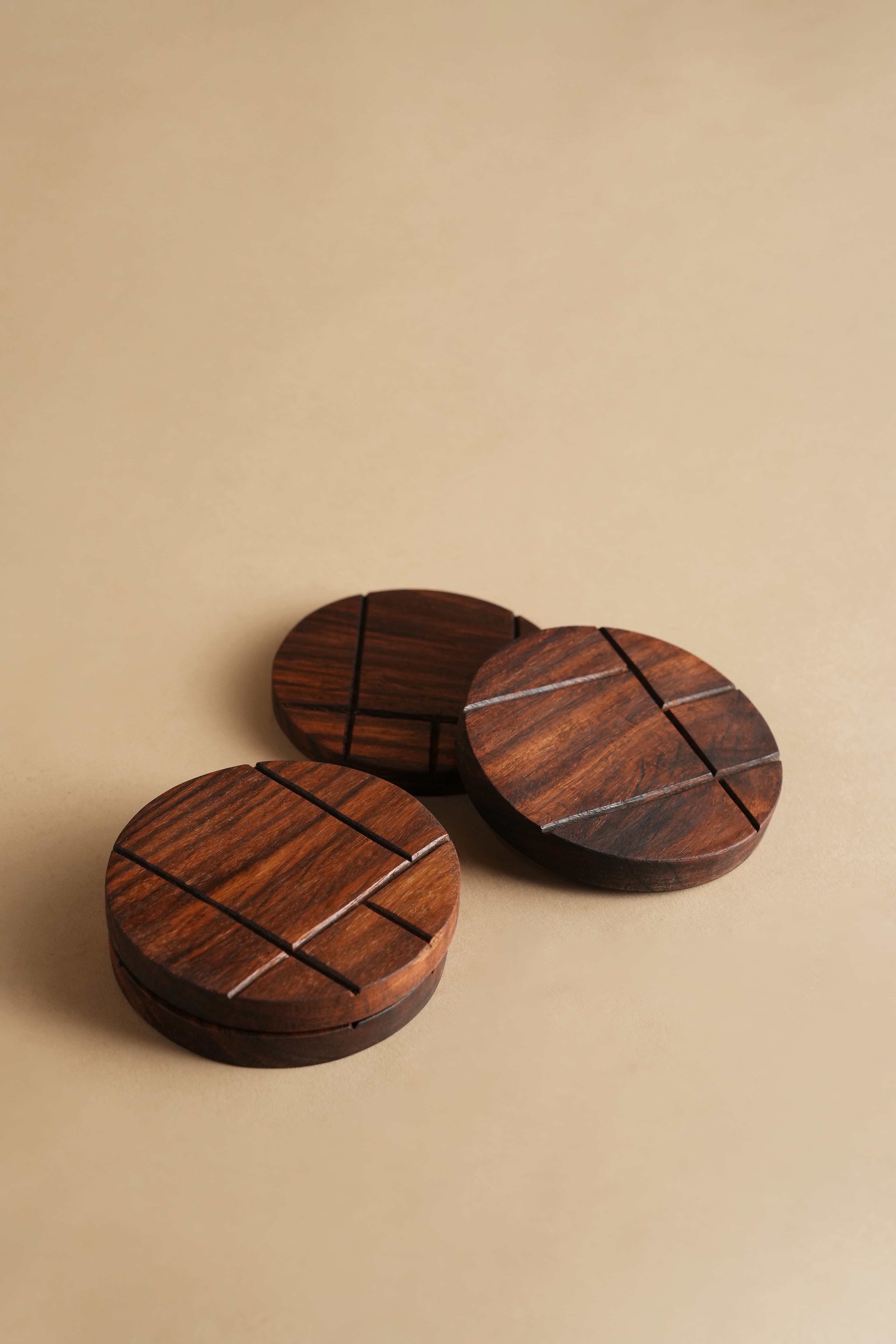 Hand-Carved Round Sheesham Table Coasters (Set of 4) - Craft Detail