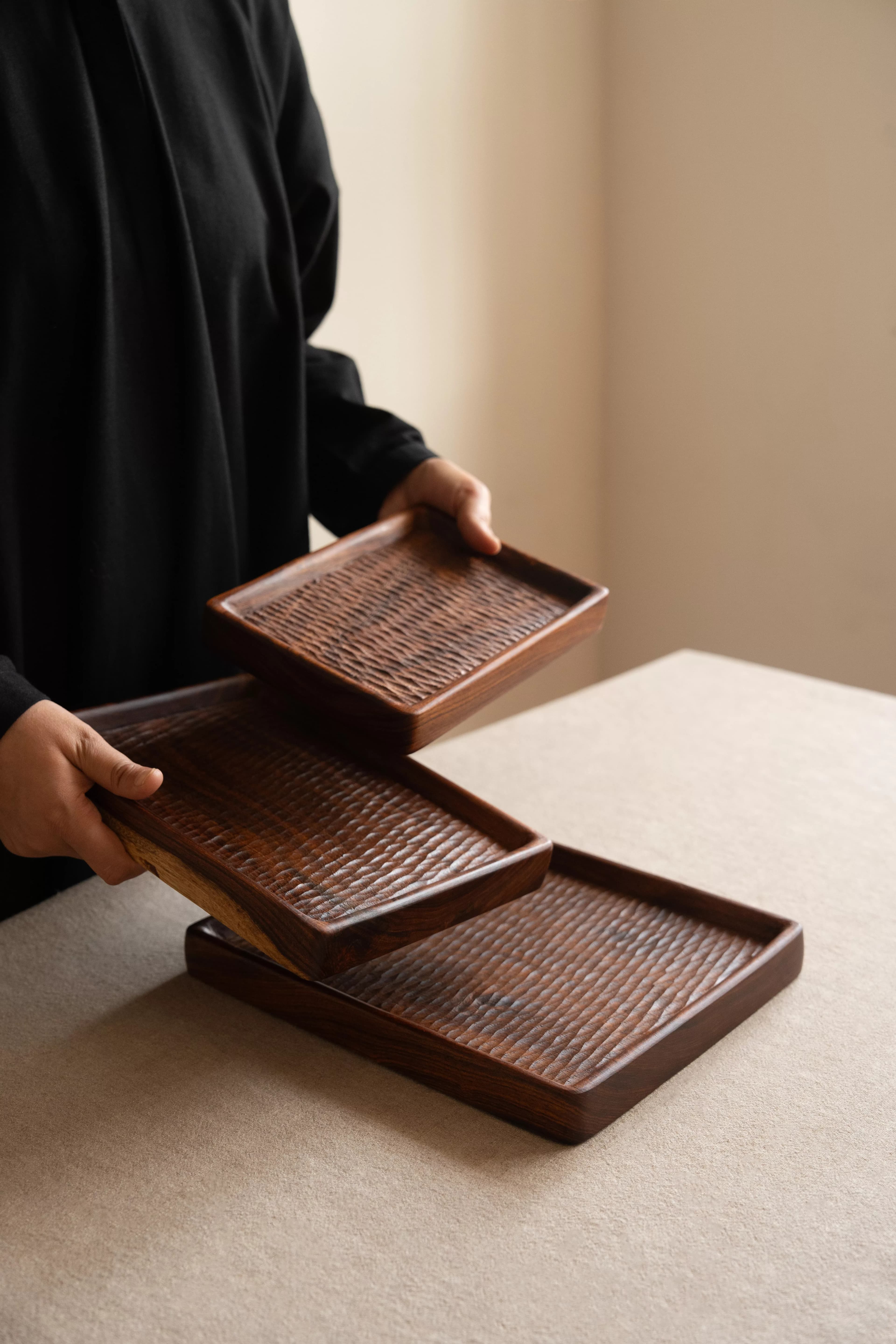 Saffron Hand-Carved Timber Nested Trays (Set of 2) - Pedestal & Angle