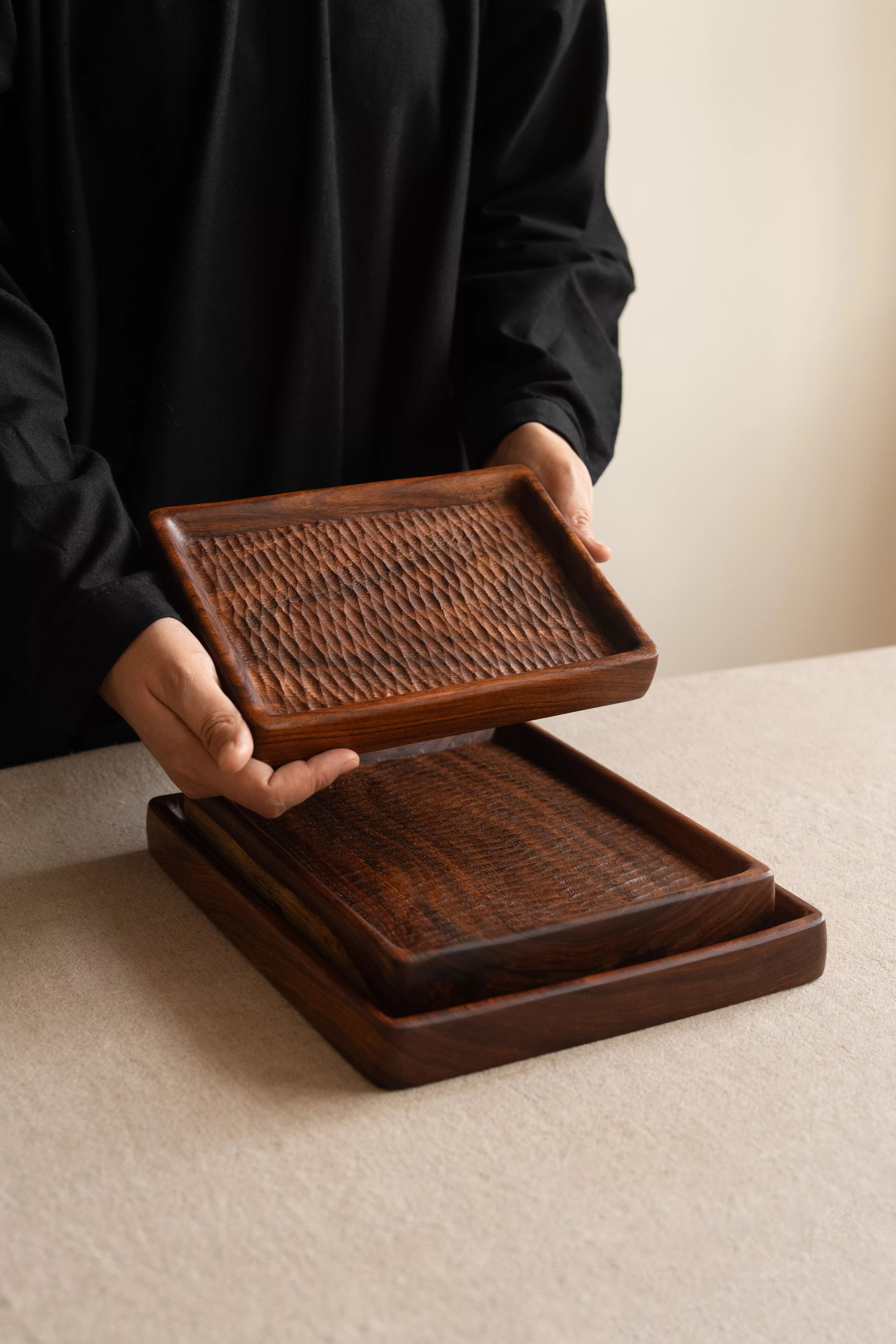 Saffron Hand-Carved Timber Nested Trays (Set of 2) - Lifestyle Scene