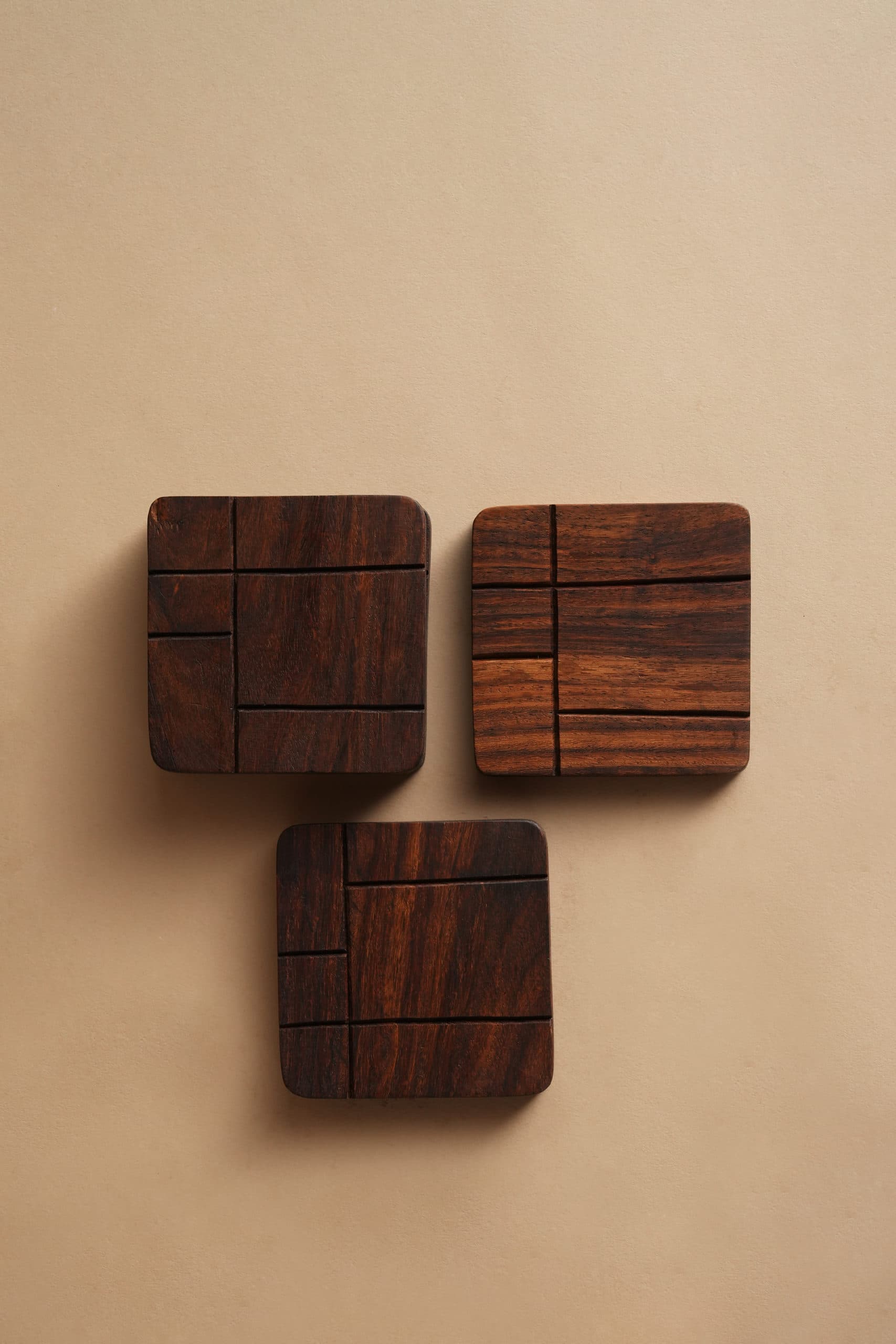 Hand-Carved Square Sheesham Table Coasters (Set of 4) - Pedestal & Angle