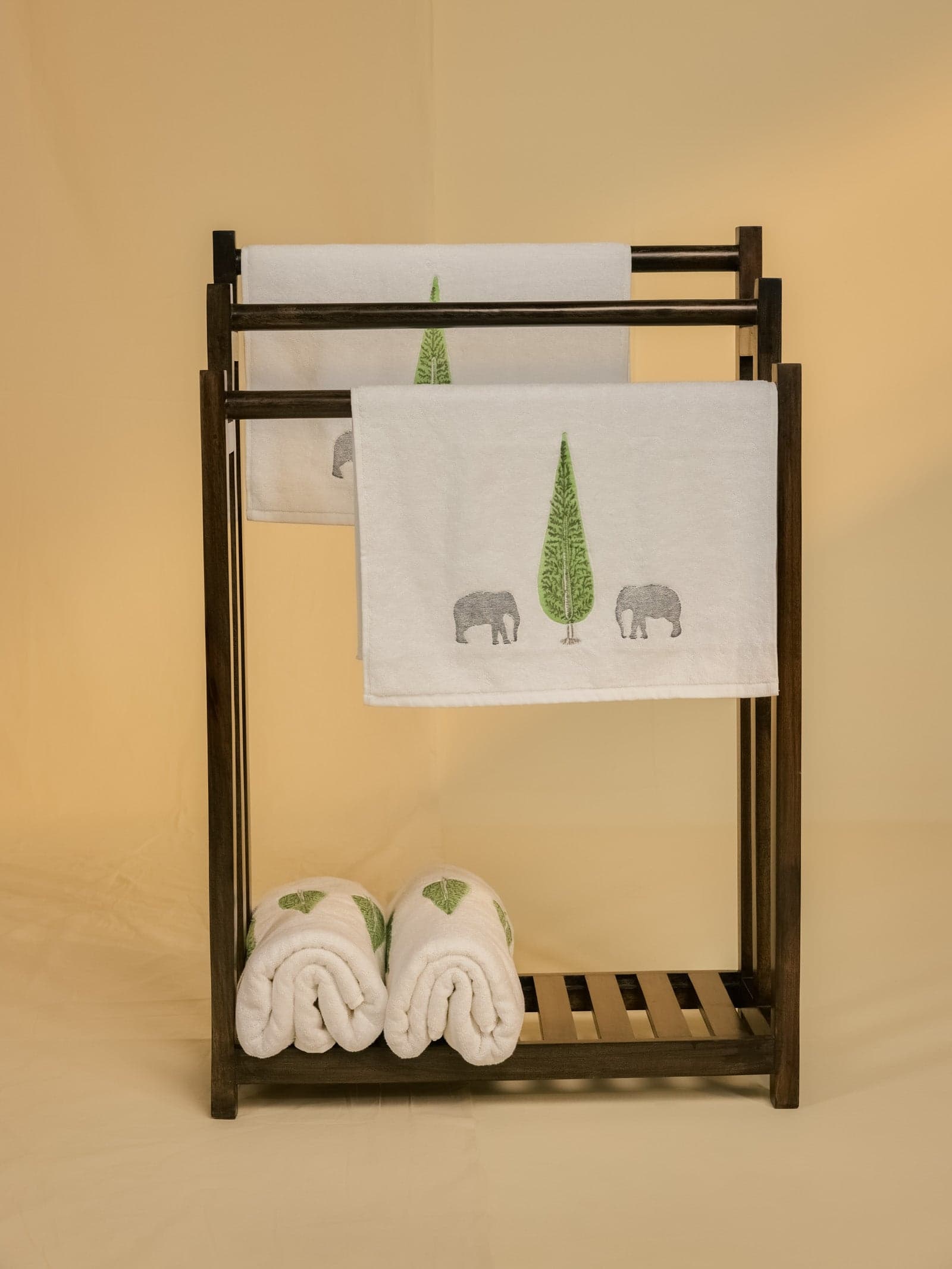 Artisan Mango Wood Freestanding Towel Rack - Studio Front View