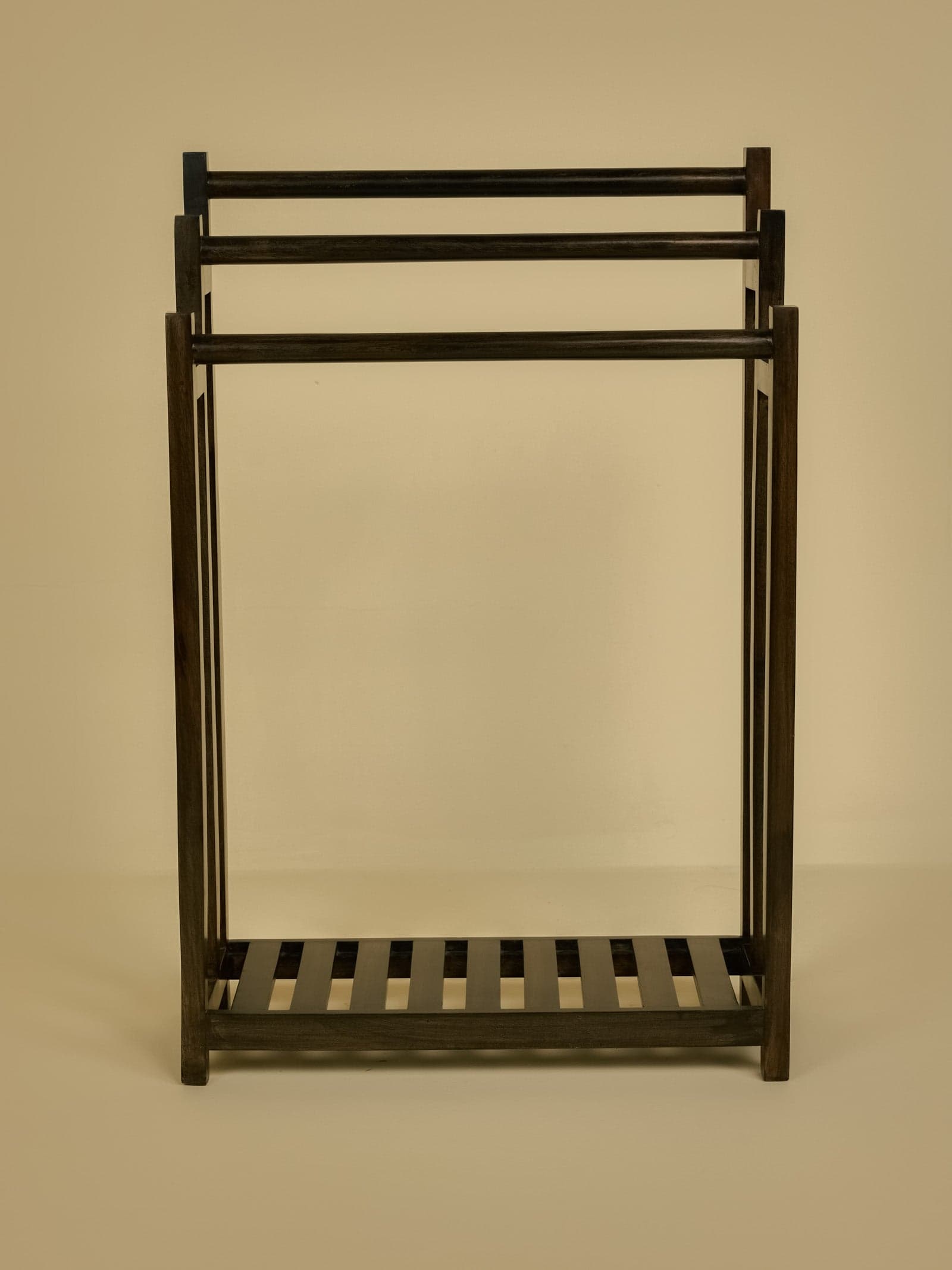 Towel Rack Styled with Woven Linen and Bath Towels in Bathroom