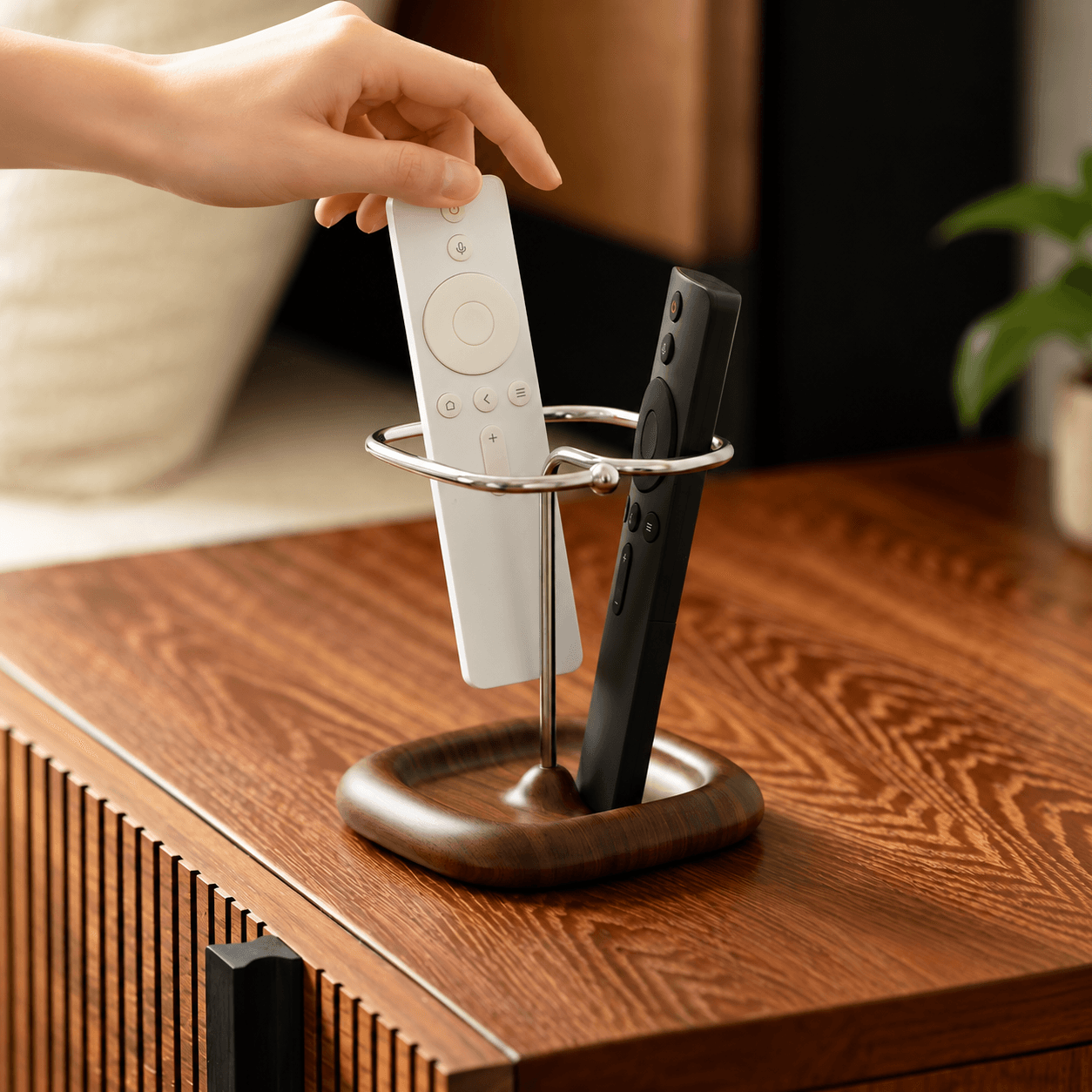 Arc Solid Walnut Remote Control Organizer Stand Studio Front View
