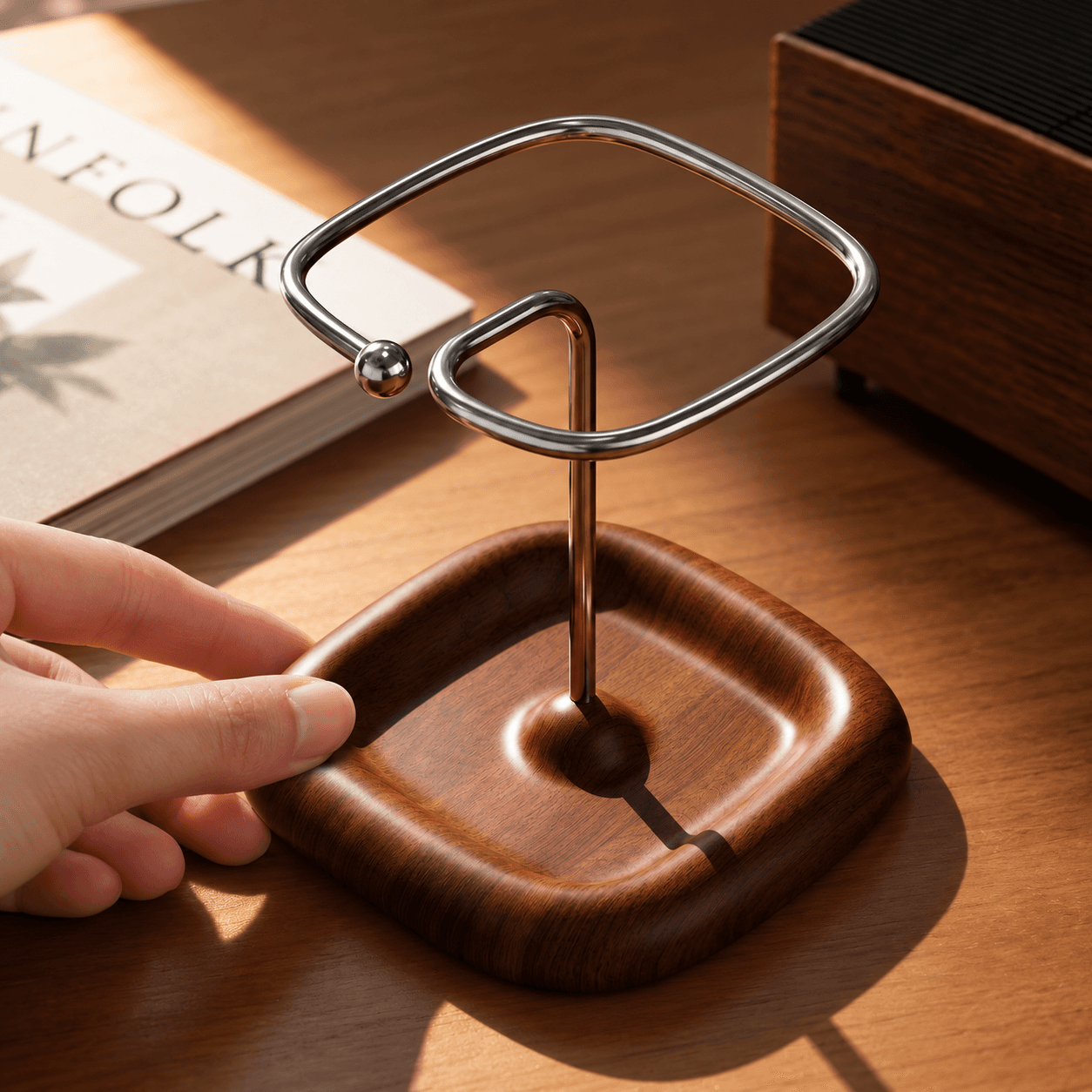 Angle View Highlighting Sculptural Curved Arc and Natural Walnut Grain