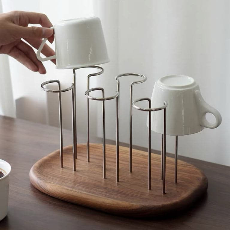 Drip Dry Solid Walnut Cup Drying Rack on Modern Kitchen Countertop with Ceramic Mugs