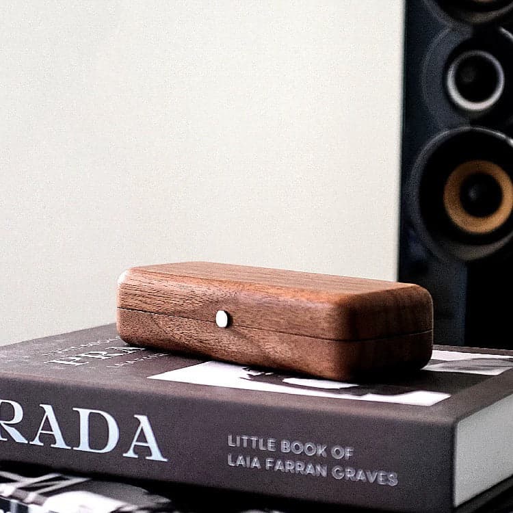 Solid Walnut Eyewear Holder with Reading Glasses Staged