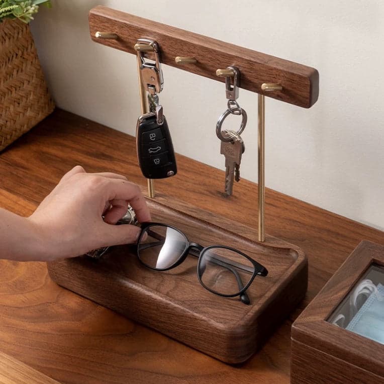 Landing Pad Solid Wood Key Holder Stand with Keys, Watch, and Glasses