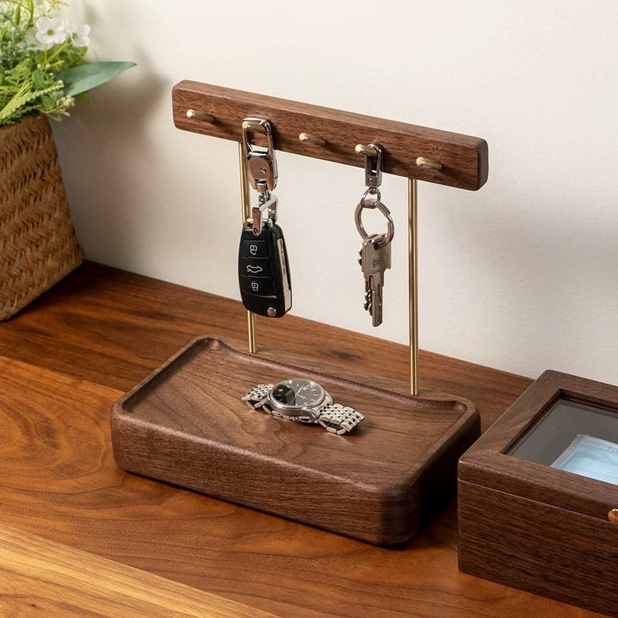 Side Angle Showing Turned Brass Hardware and Deep Valet Dish