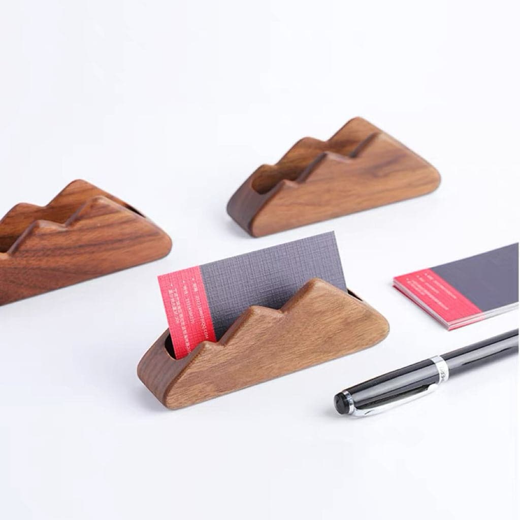Peaks Solid Wood Business Card Stand with Letterpress Cards on Desk