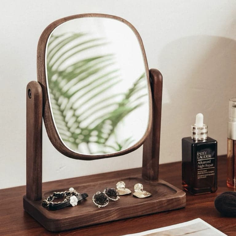 Pivot Solid Walnut Tabletop Mirror in Vanity Setting with Perfume and Rings