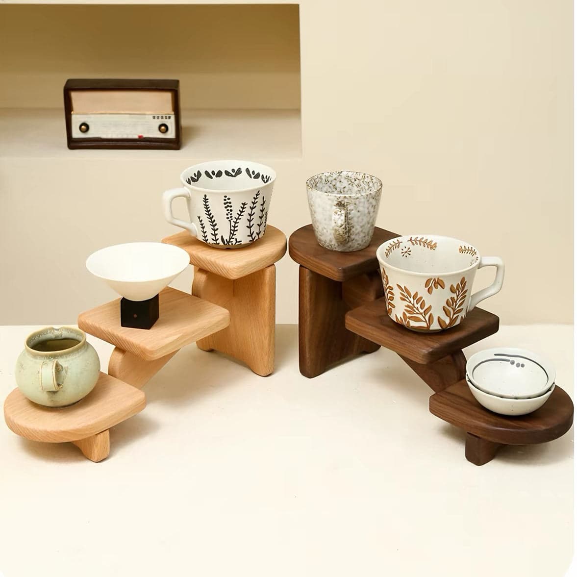 The Scala 3-Tier Solid Wood Display Riser Styled with Stoneware and Ceramics