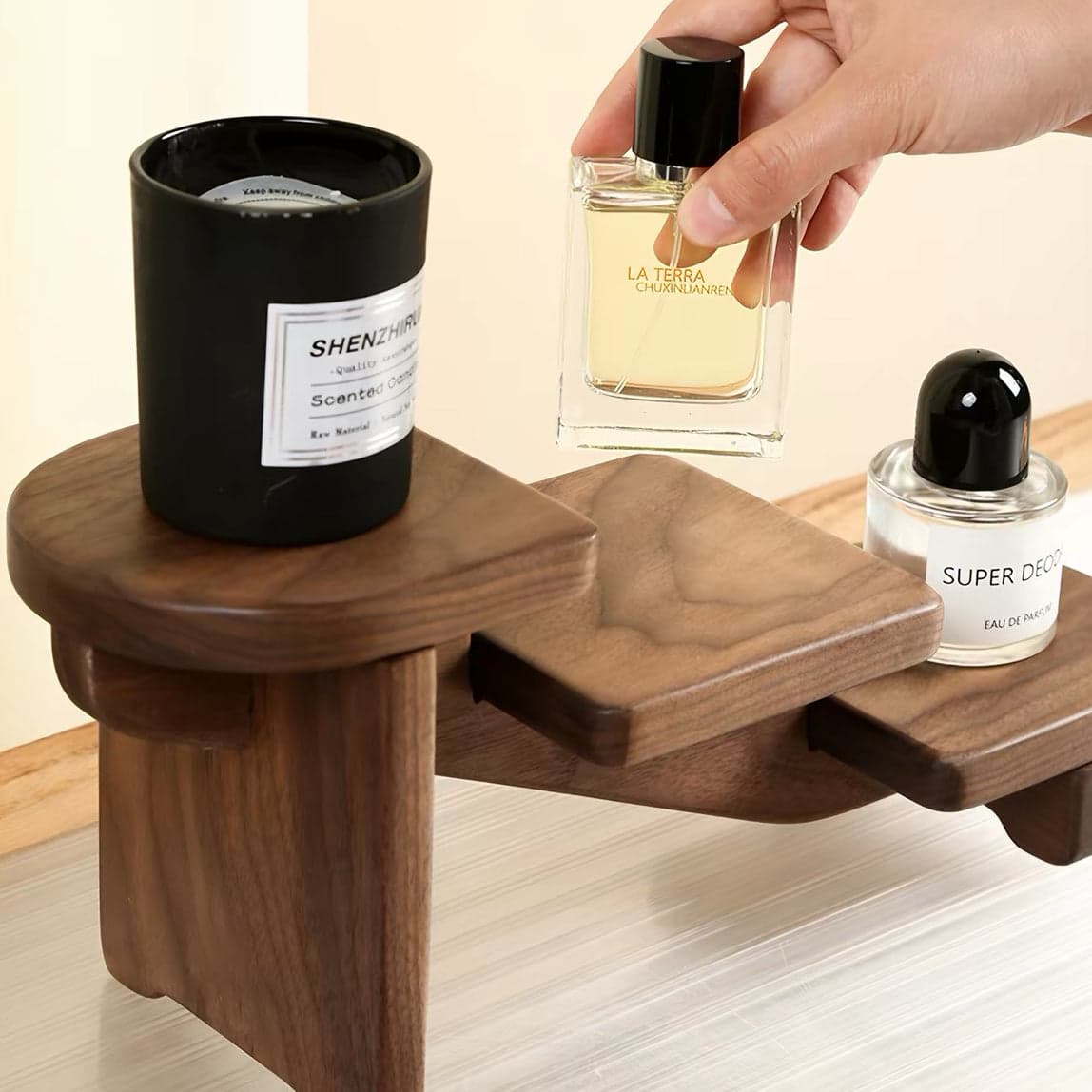 Vanity Table Display with Fragrance Bottles and Grooming Accents