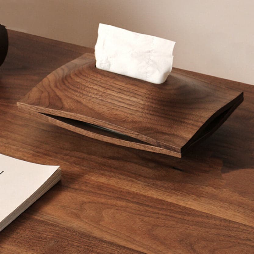 The Sleeky Solid Walnut Tissue Box in Modern Living Room on Coffee Table