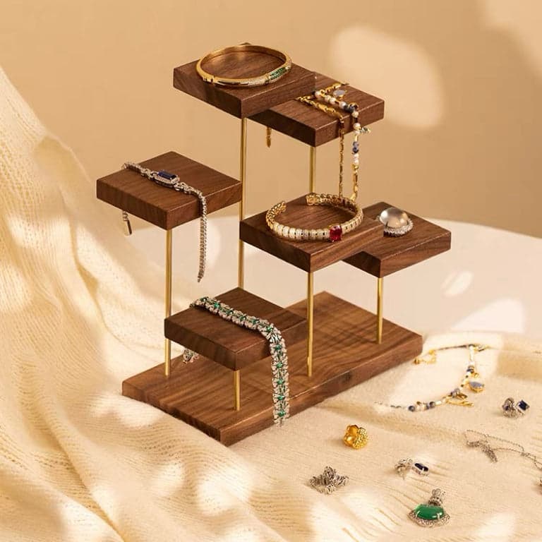 Talia Tiered Solid Walnut Jewelry Display Stand with Fine Gold Jewelry and Crystals