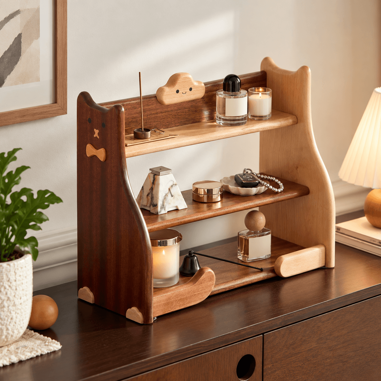 Tavi Shelf Styled with Ceramic Espresso Cups and Teaware