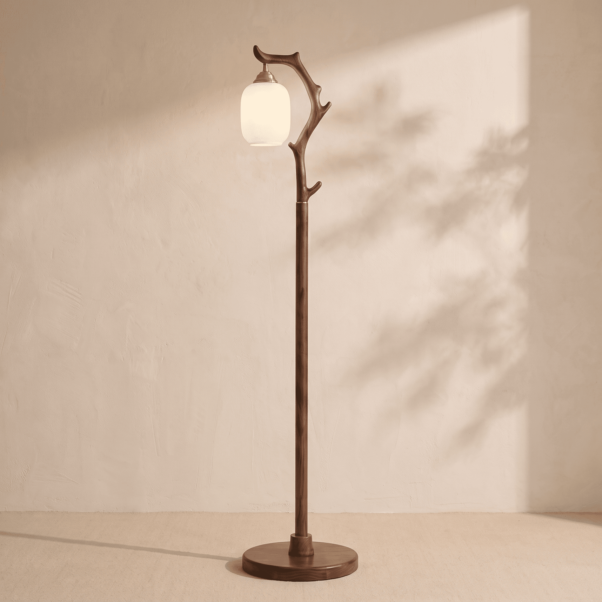 The Antler Branch Walnut Floor Lamp with Glowing Frosted Glass Orb in Afternoon Light
