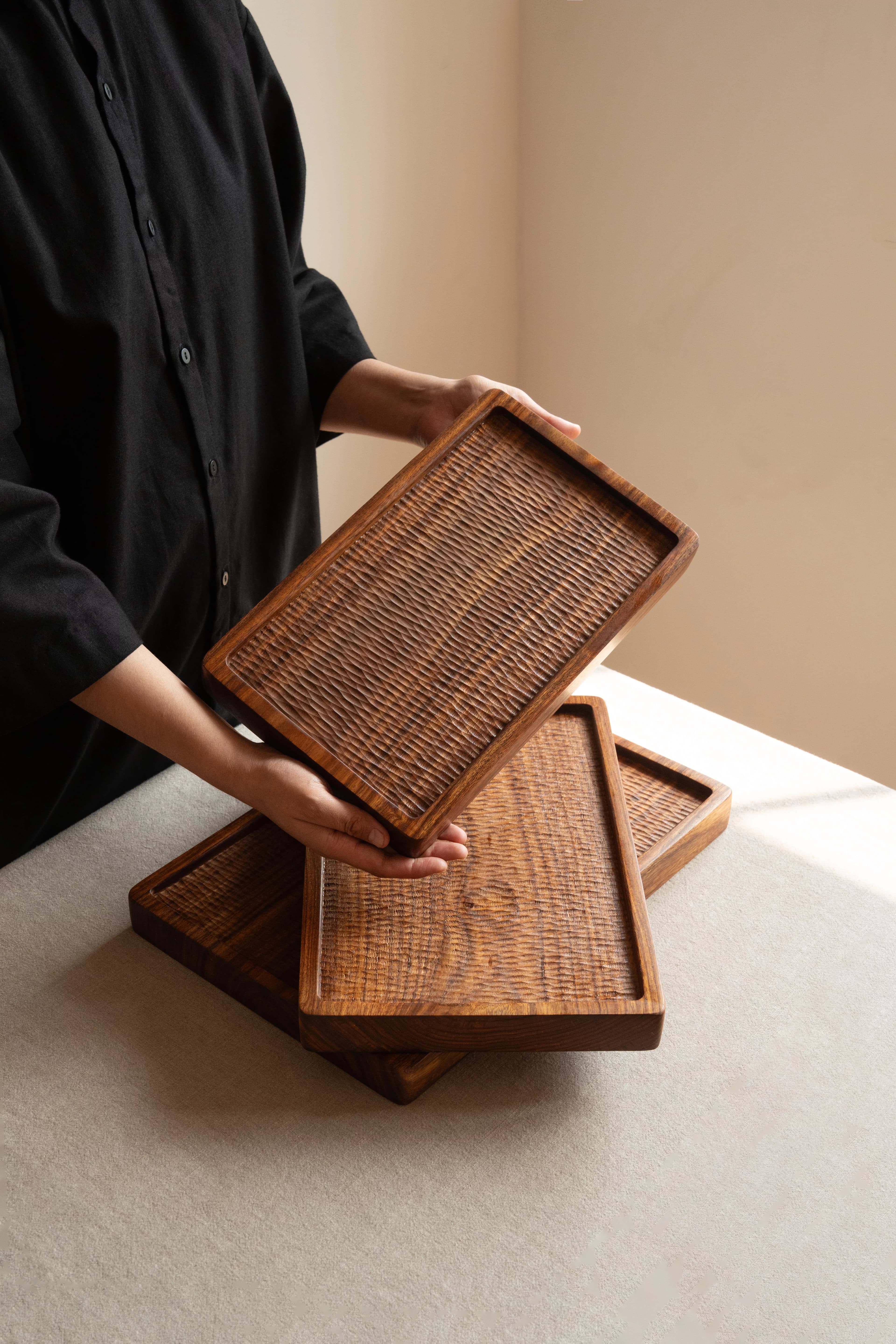 Hosna Hand-Carved Solid Sheesham Serving Platter - Studio View