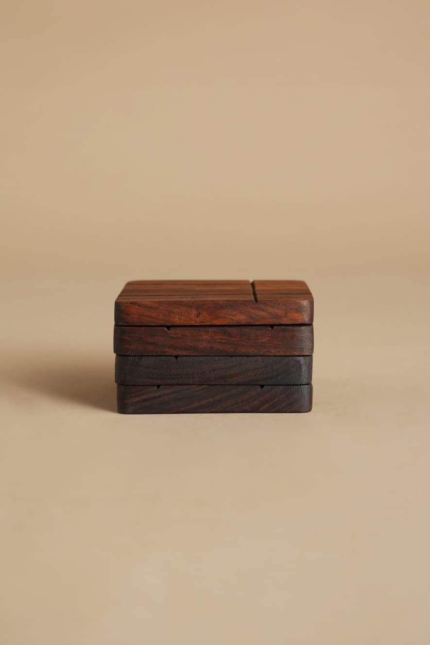 Hand-Carved Square Sheesham Table Coasters (Set of 4) - Studio View