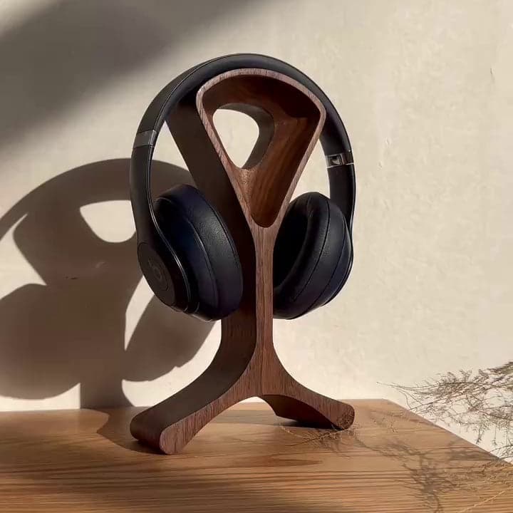 Apex Solid Walnut Headphone Stand on Executive Desk Setup
