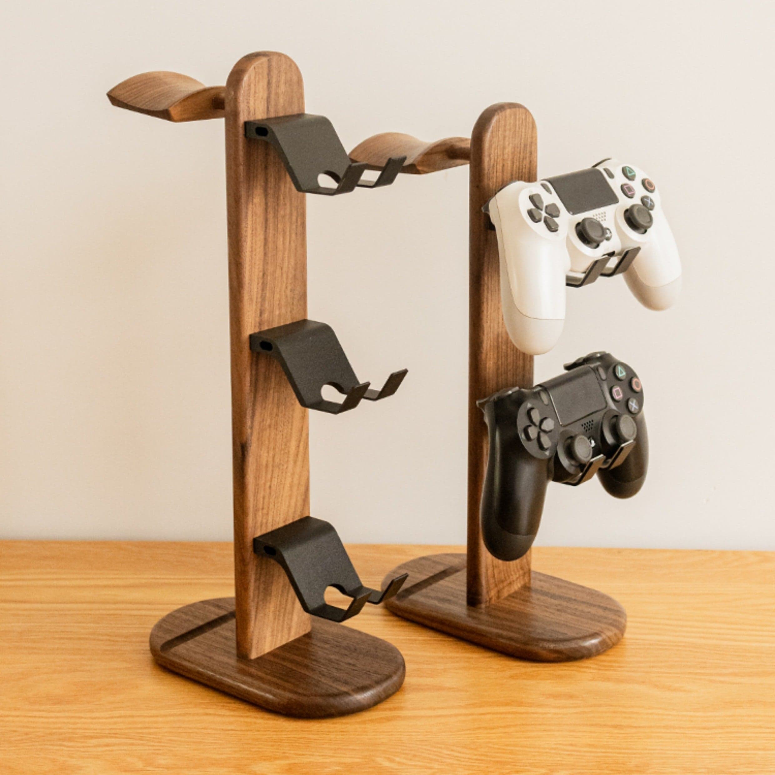 Game Tree Solid Walnut Stand with Gaming Headset and Dual Wireless Controllers