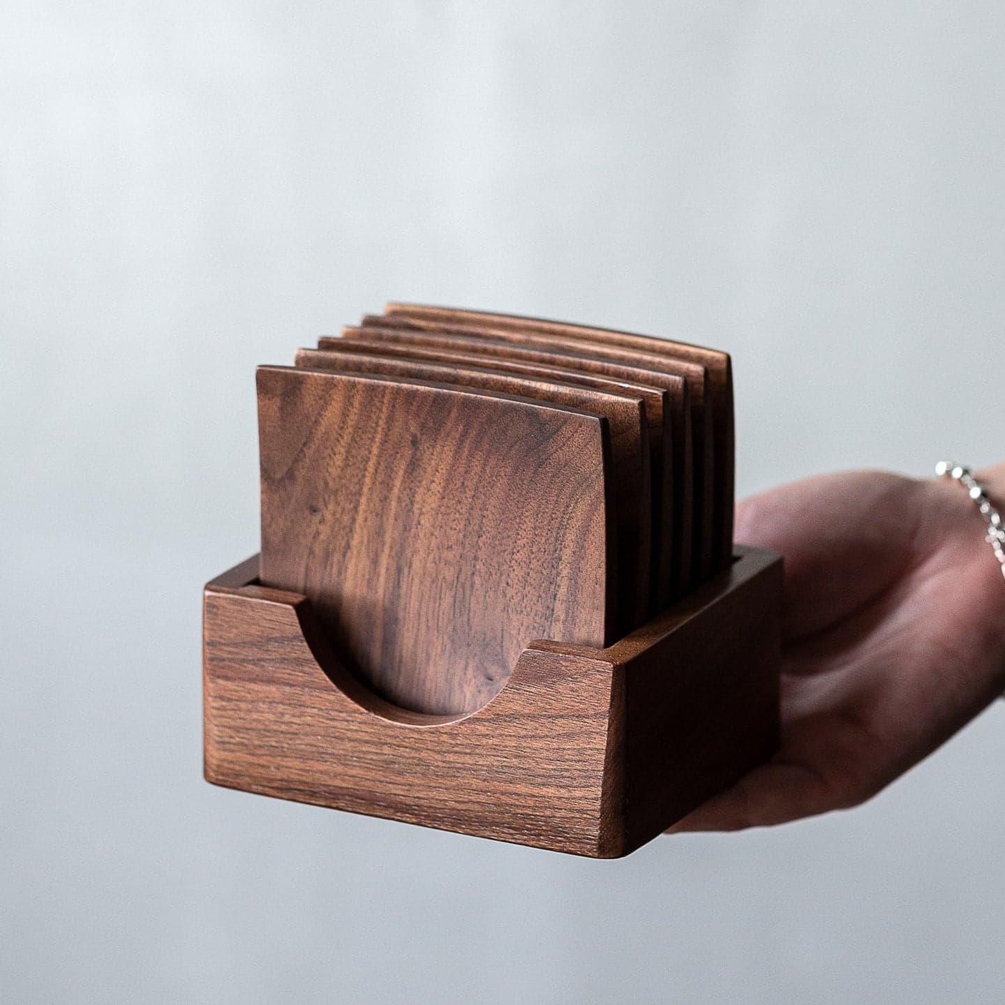 Neat Stack Solid Walnut Coaster Set of 6 in Matching Wooden Caddy Holder